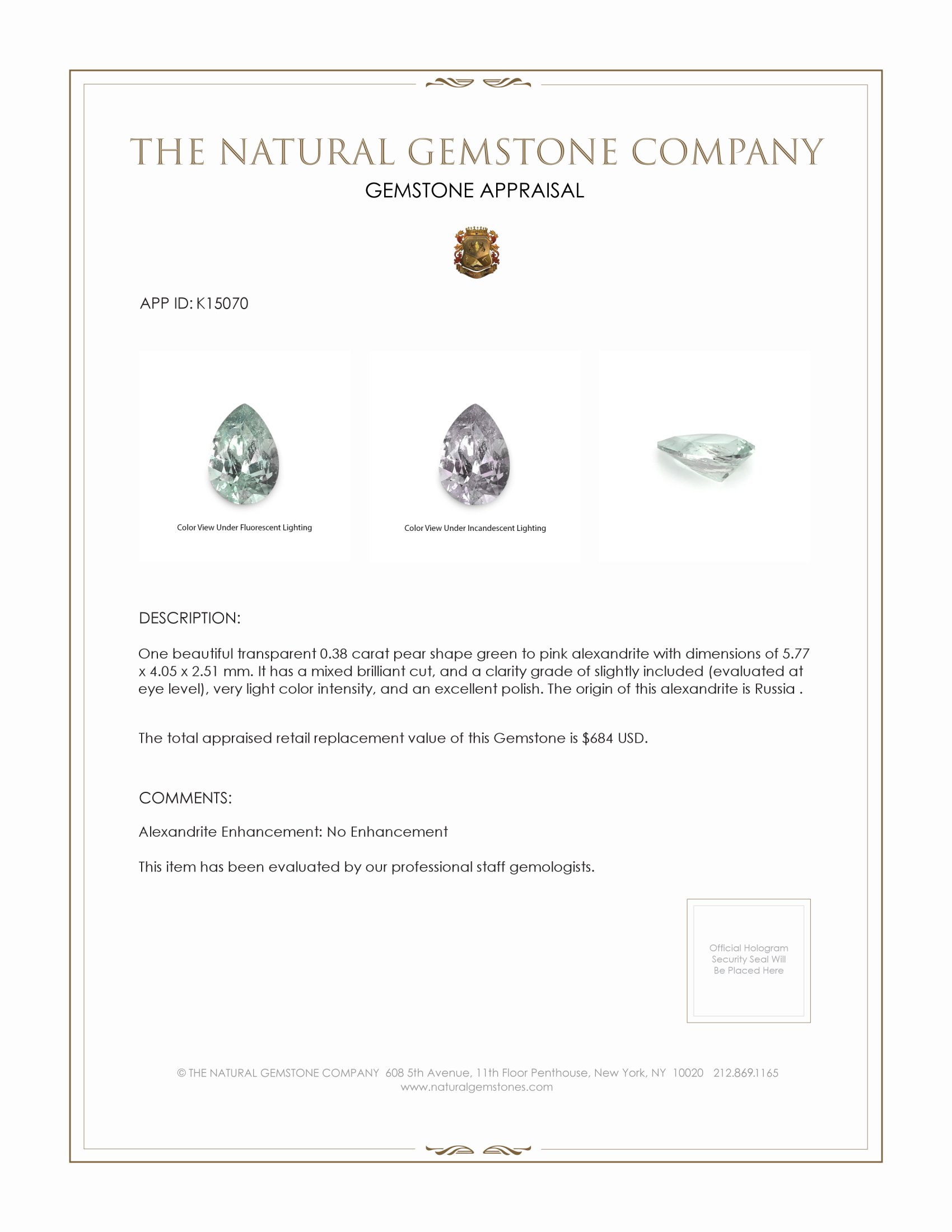 0.38 Ct. Alexandrite from Russia