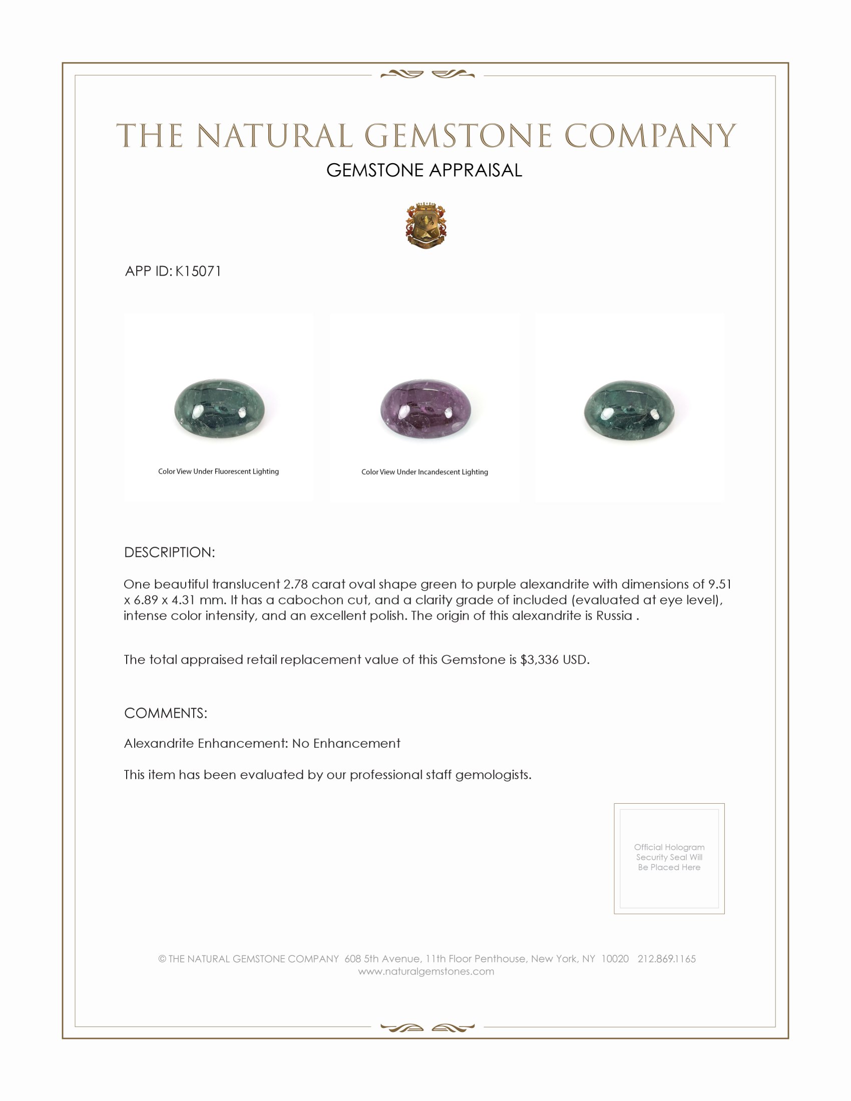 2.78 Ct. Cabochon Alexandrite from Russia