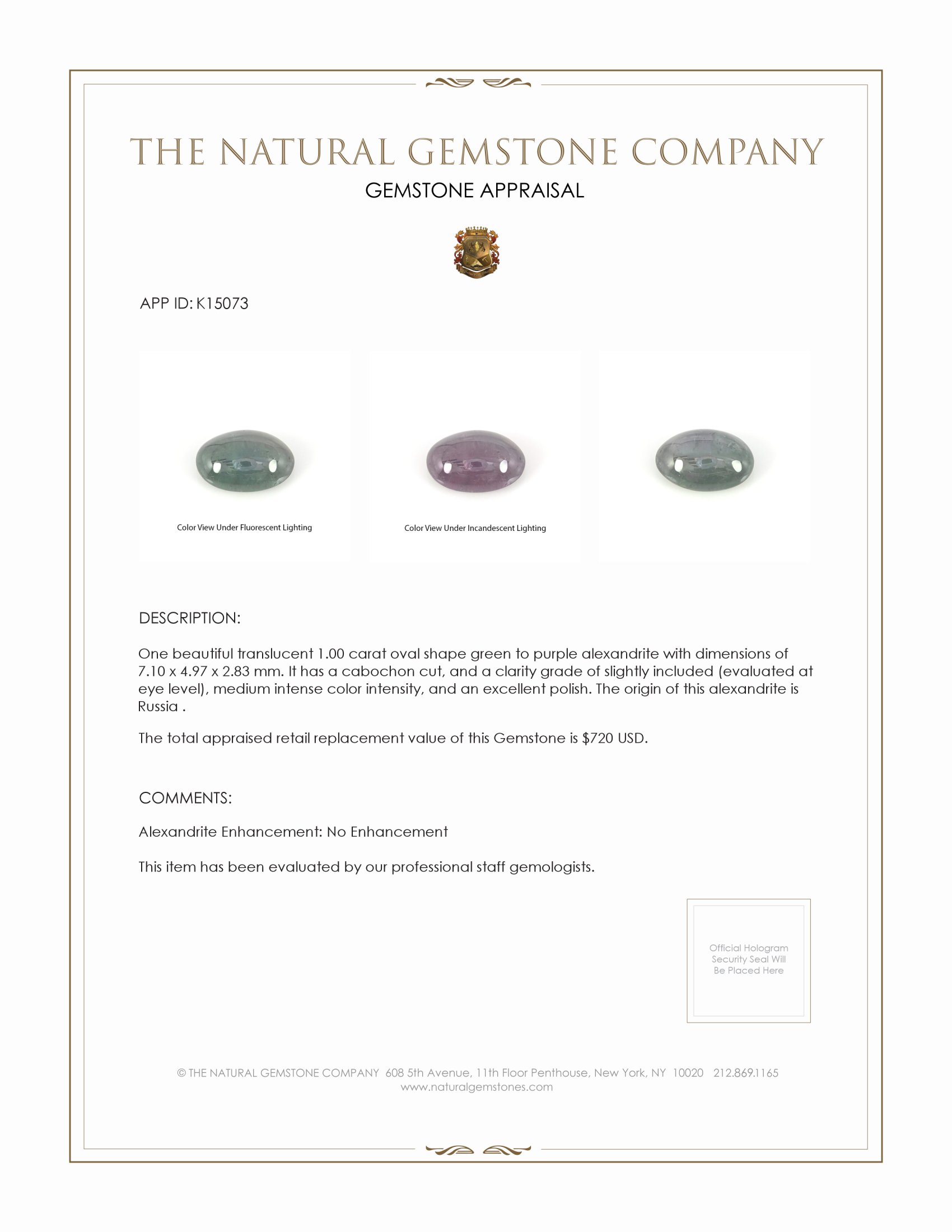 1.00 Ct. Cabochon Alexandrite from Russia