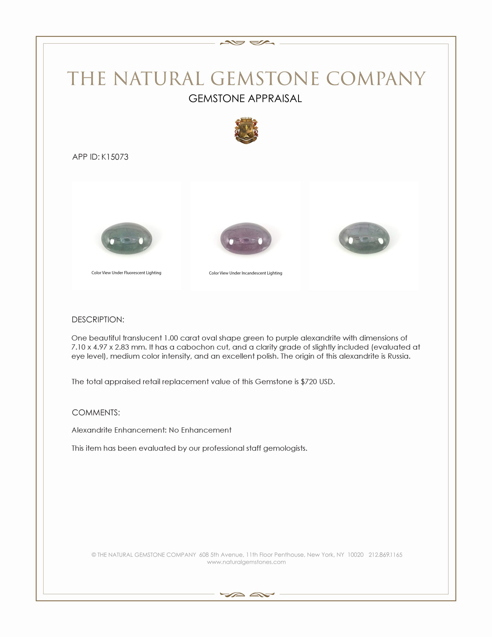 1.00 Ct. Cabochon Alexandrite from Russia