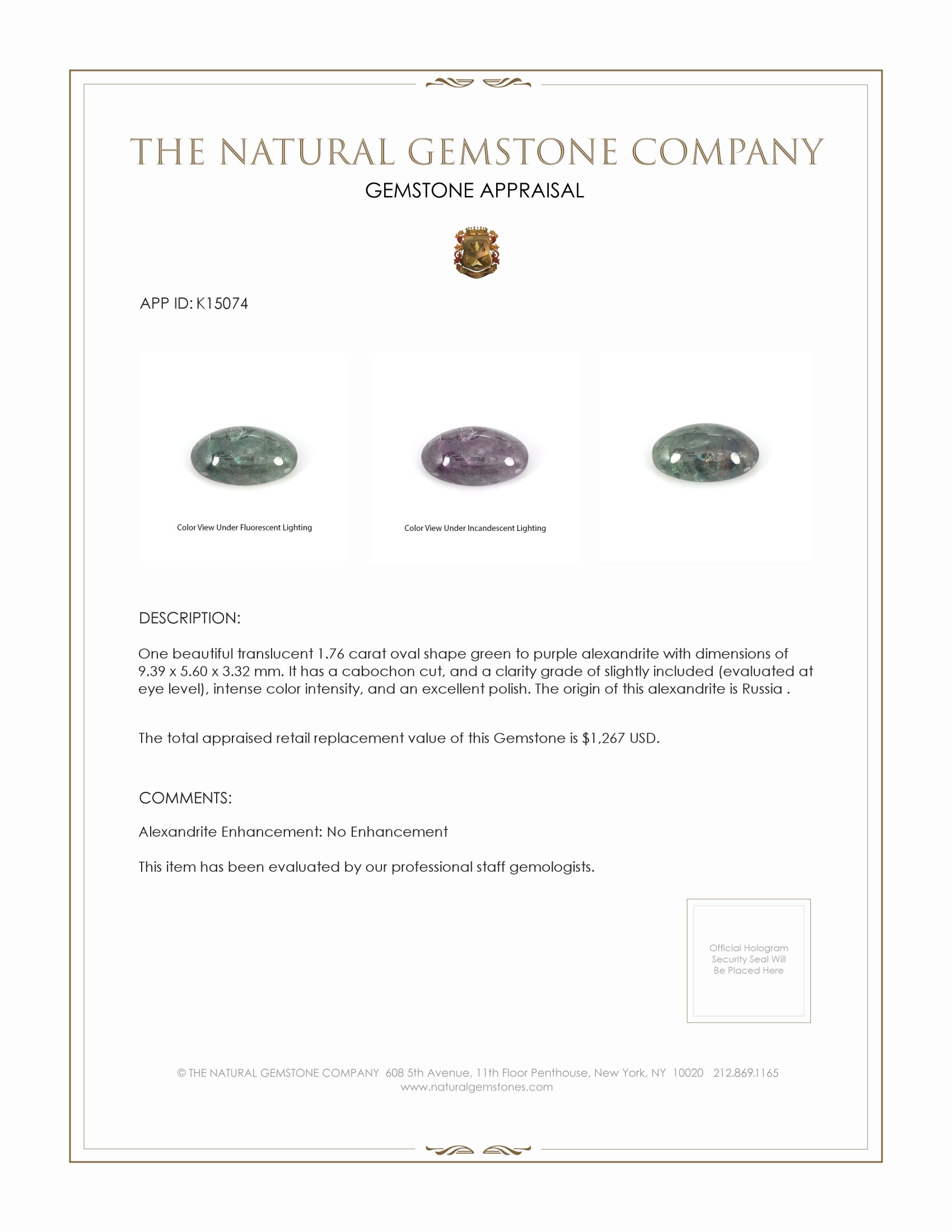 1.76 Ct. Cabochon Alexandrite from Russia