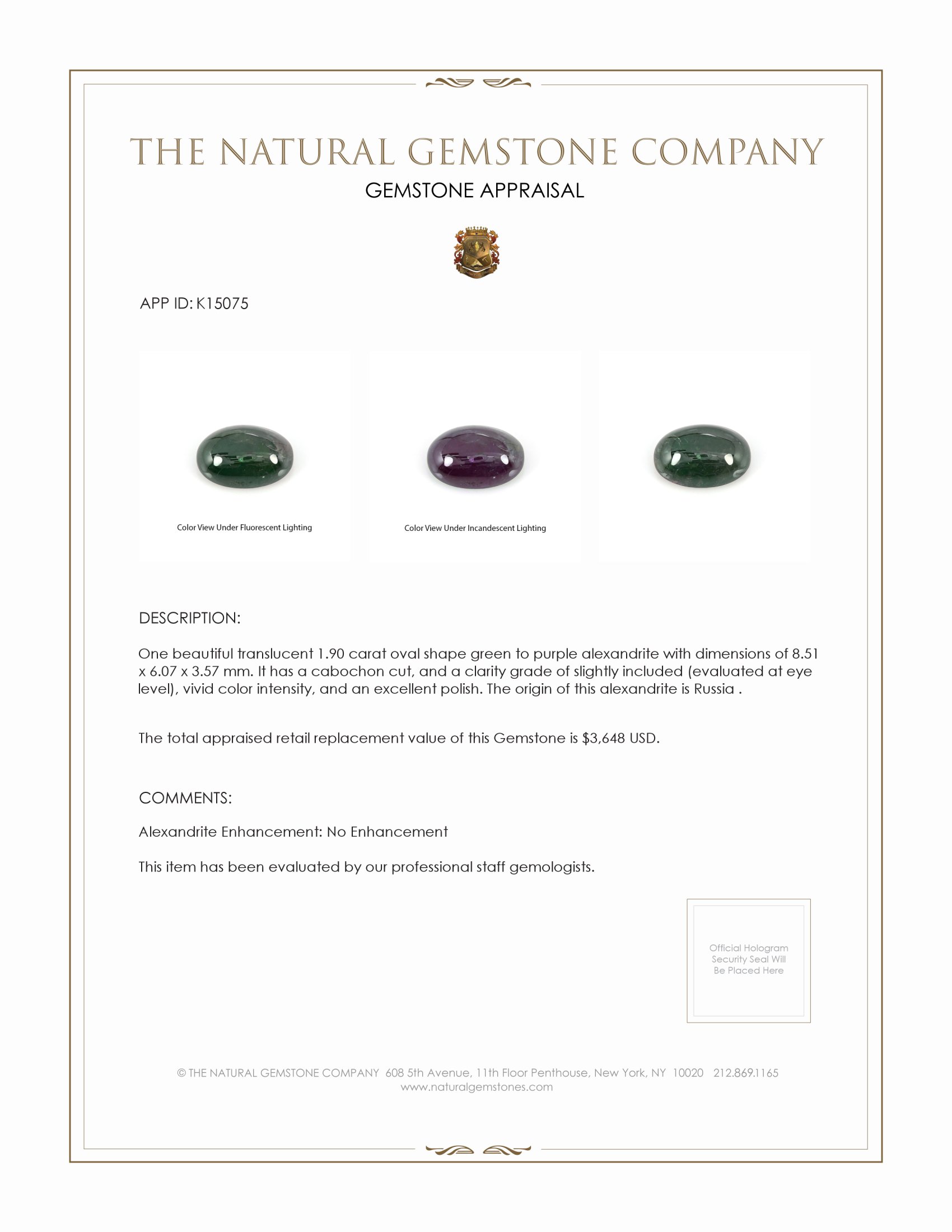 1.90 Ct. Cabochon Alexandrite from Russia