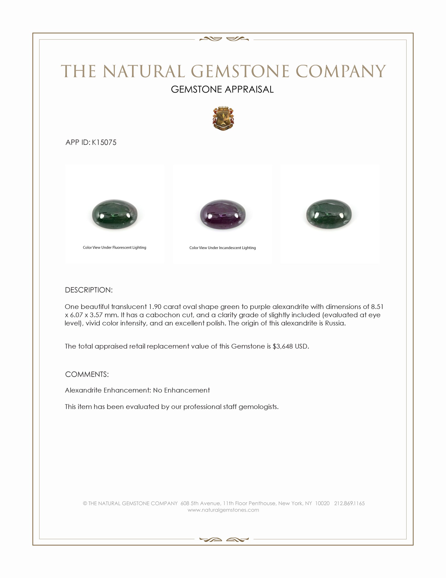 1.90 Ct. Cabochon Alexandrite from Russia