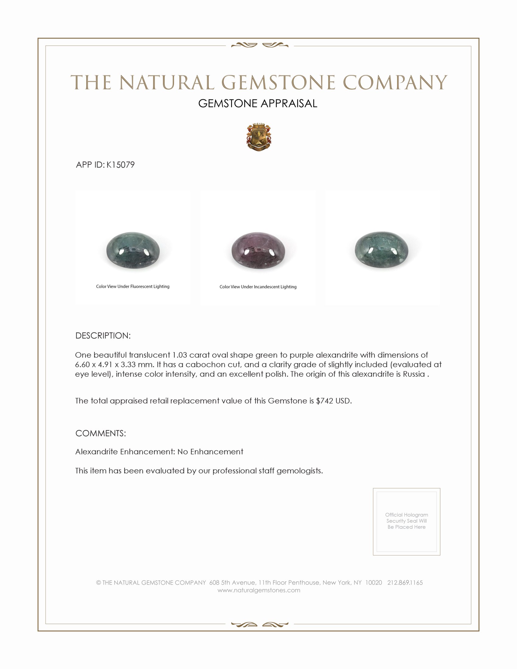 1.03 Ct. Cabochon Alexandrite from Russia