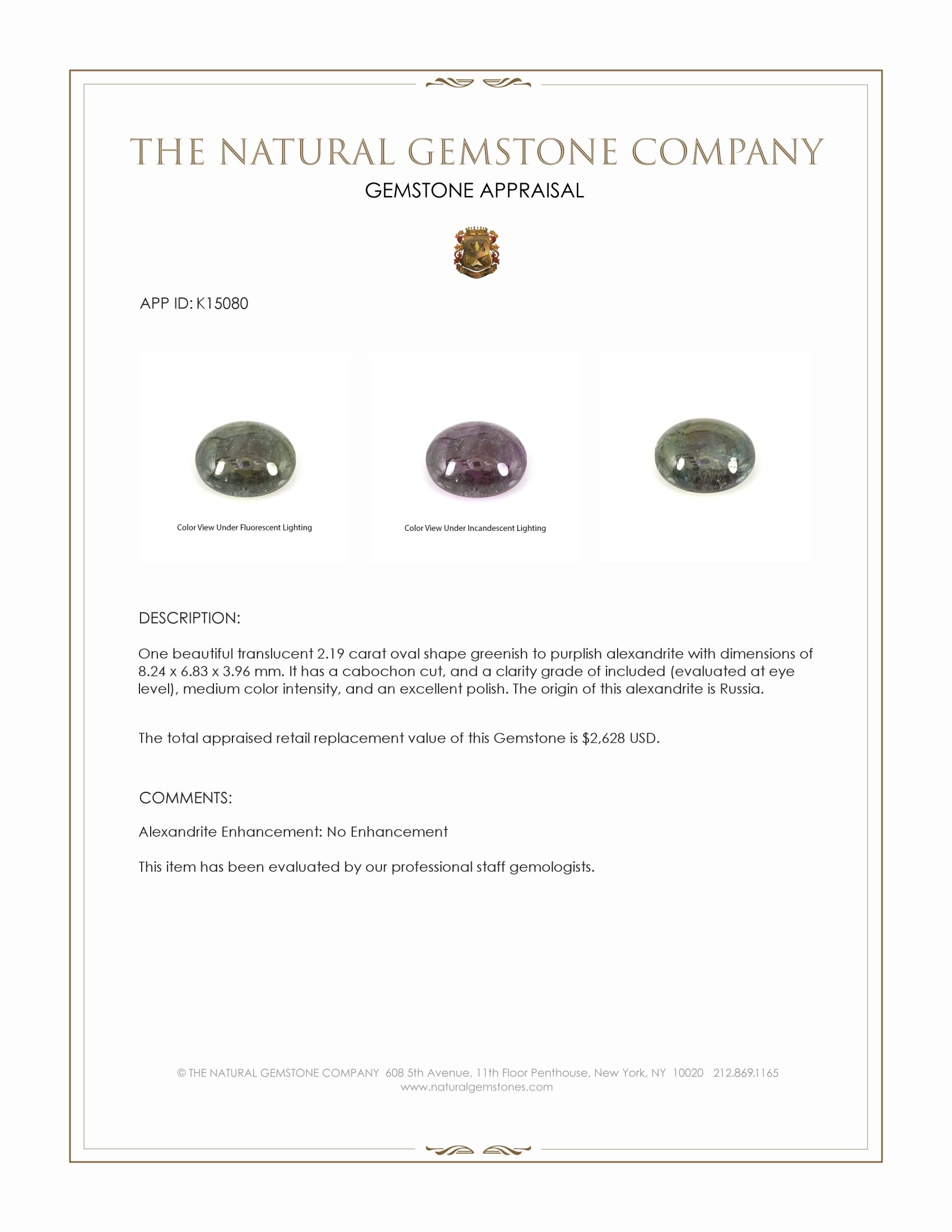 2.19 Ct. Cabochon Alexandrite from Russia