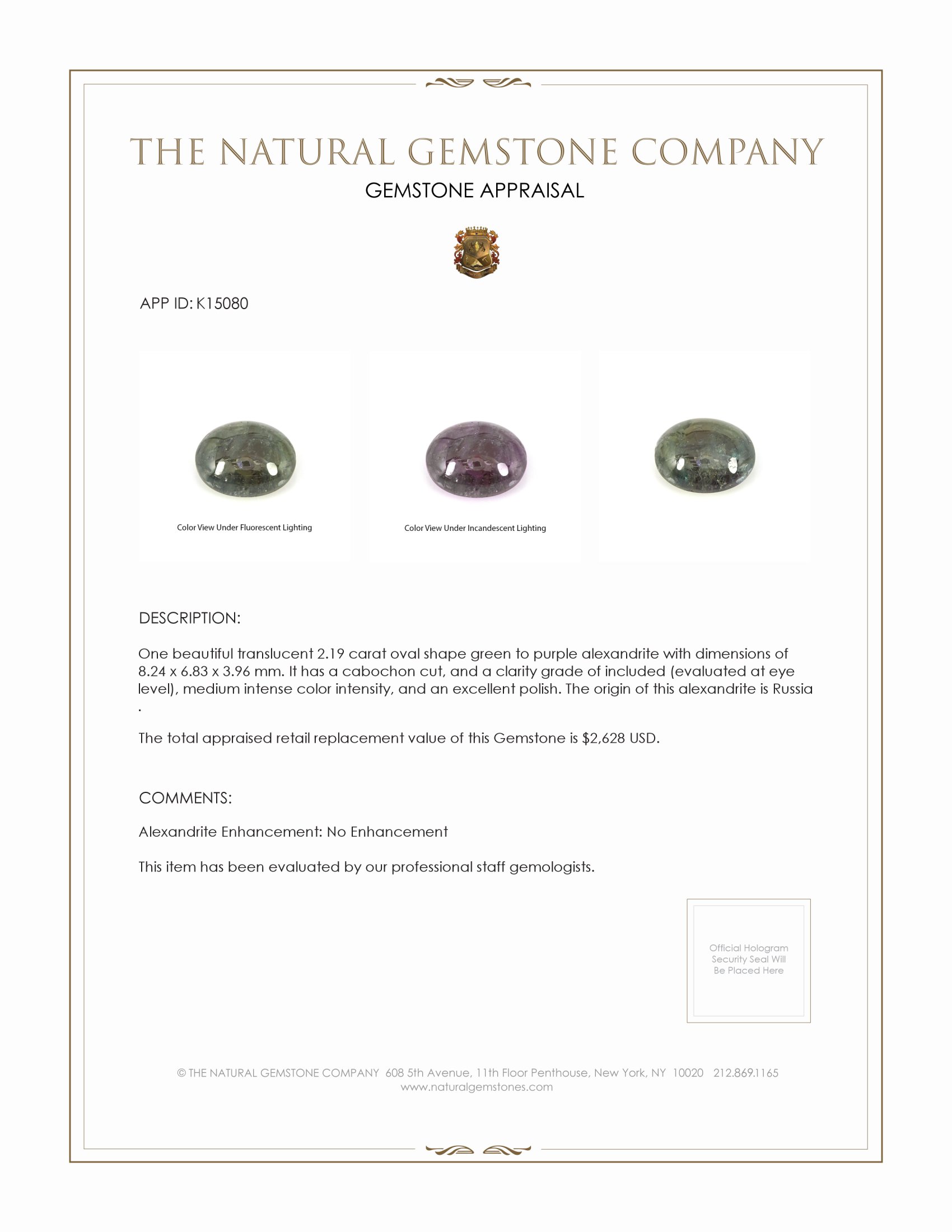 2.19 Ct. Cabochon Alexandrite from Russia