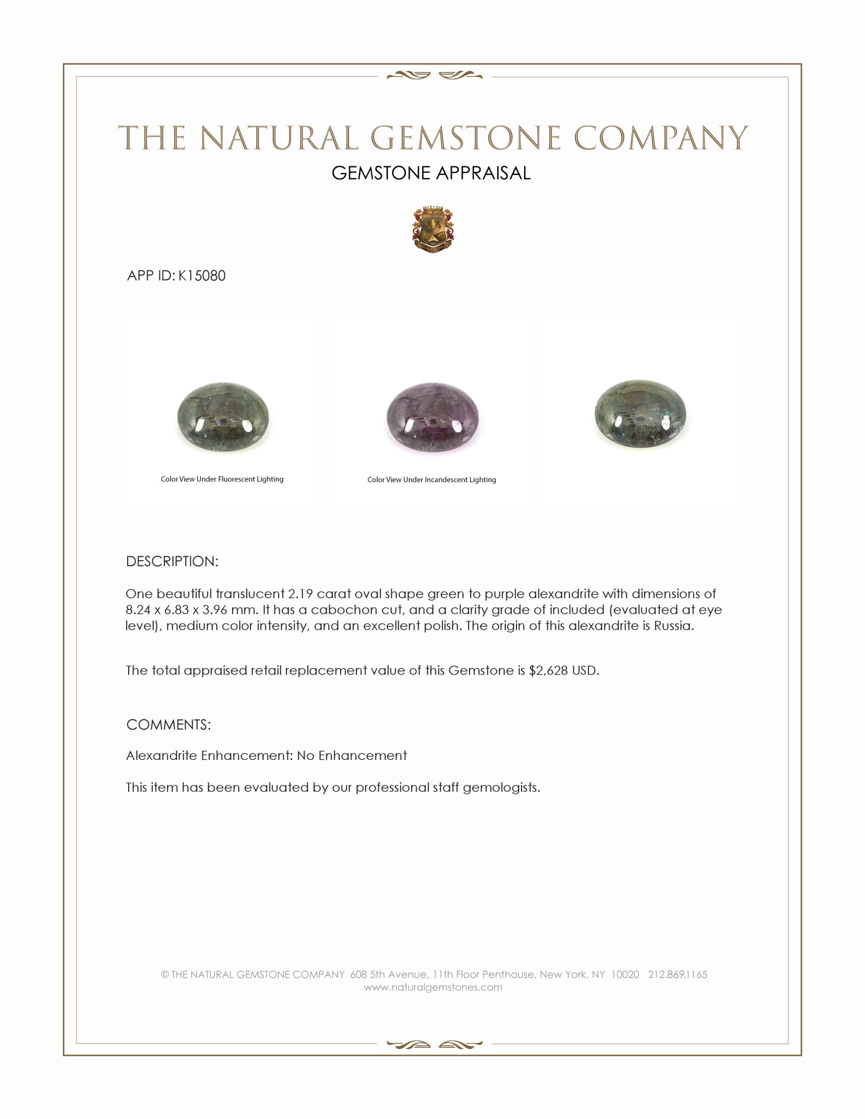 2.19 Ct. Cabochon Alexandrite from Russia