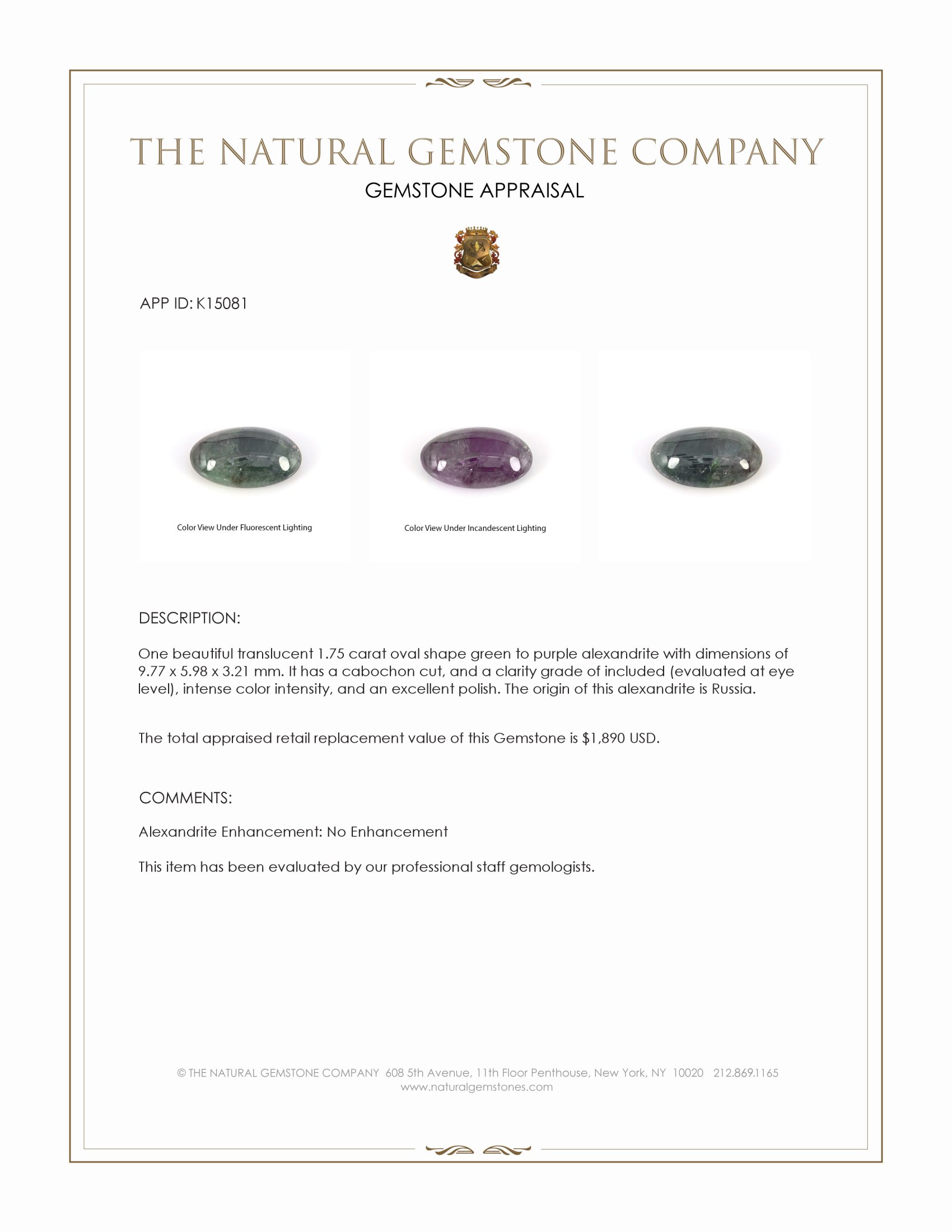 1.75 Ct. Cabochon Alexandrite from Russia