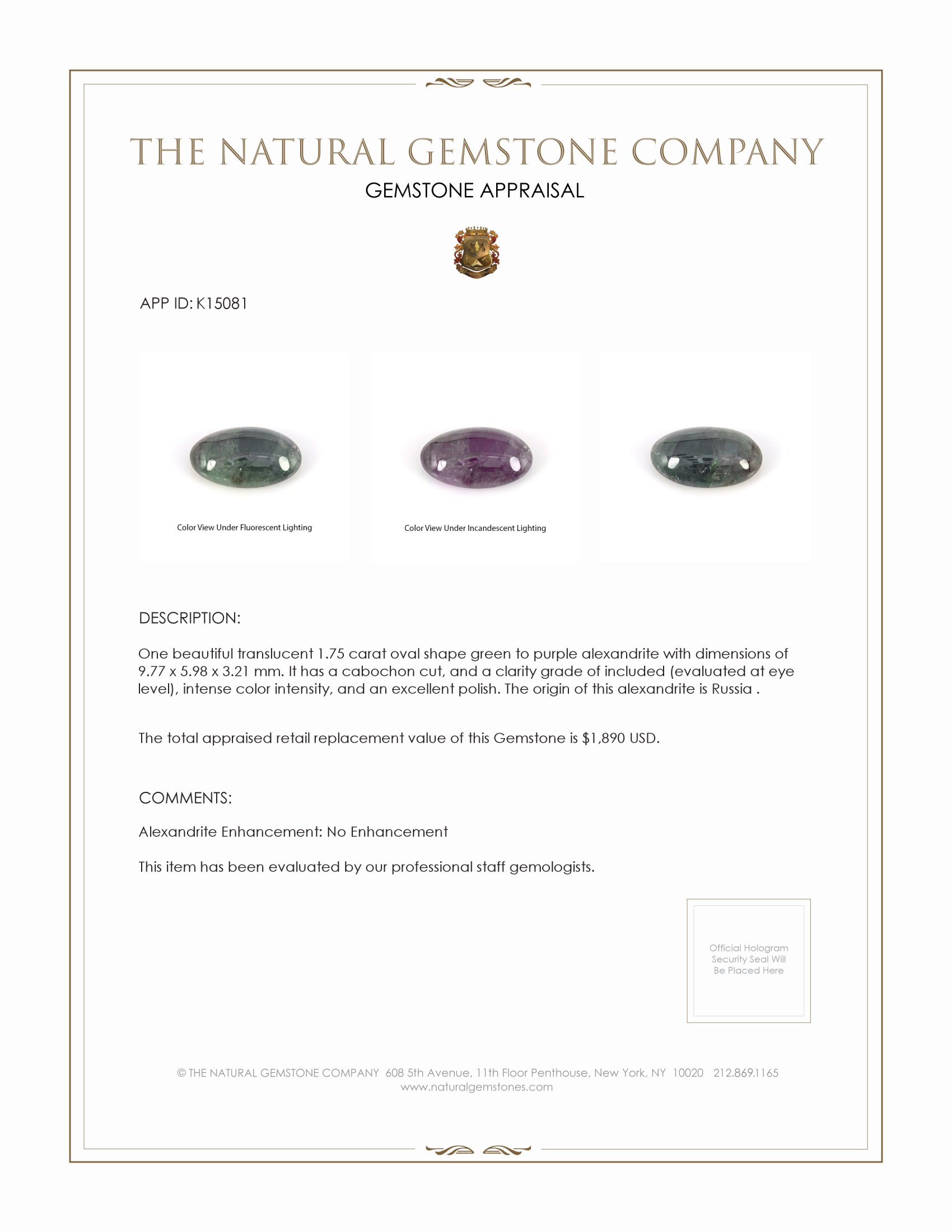 1.75 Ct. Cabochon Alexandrite from Russia