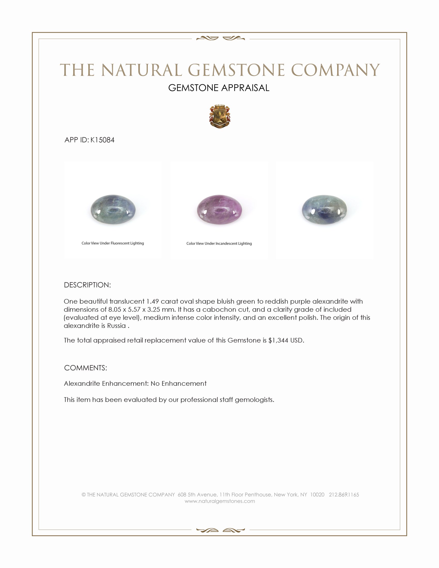 1.49 Ct. Cabochon Alexandrite from Russia