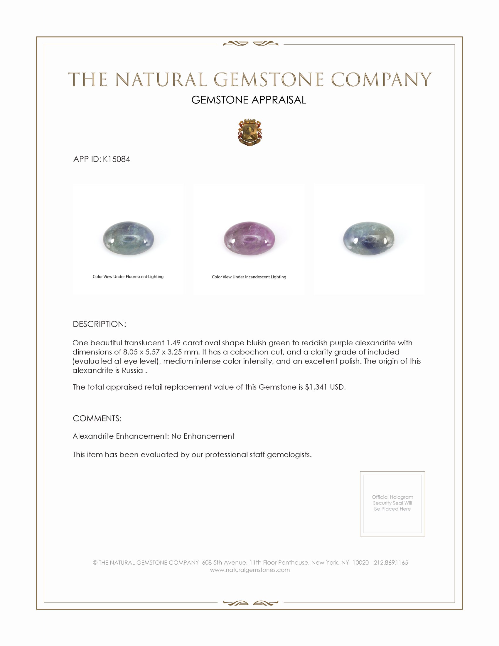 1.49 Ct. Cabochon Alexandrite from Russia