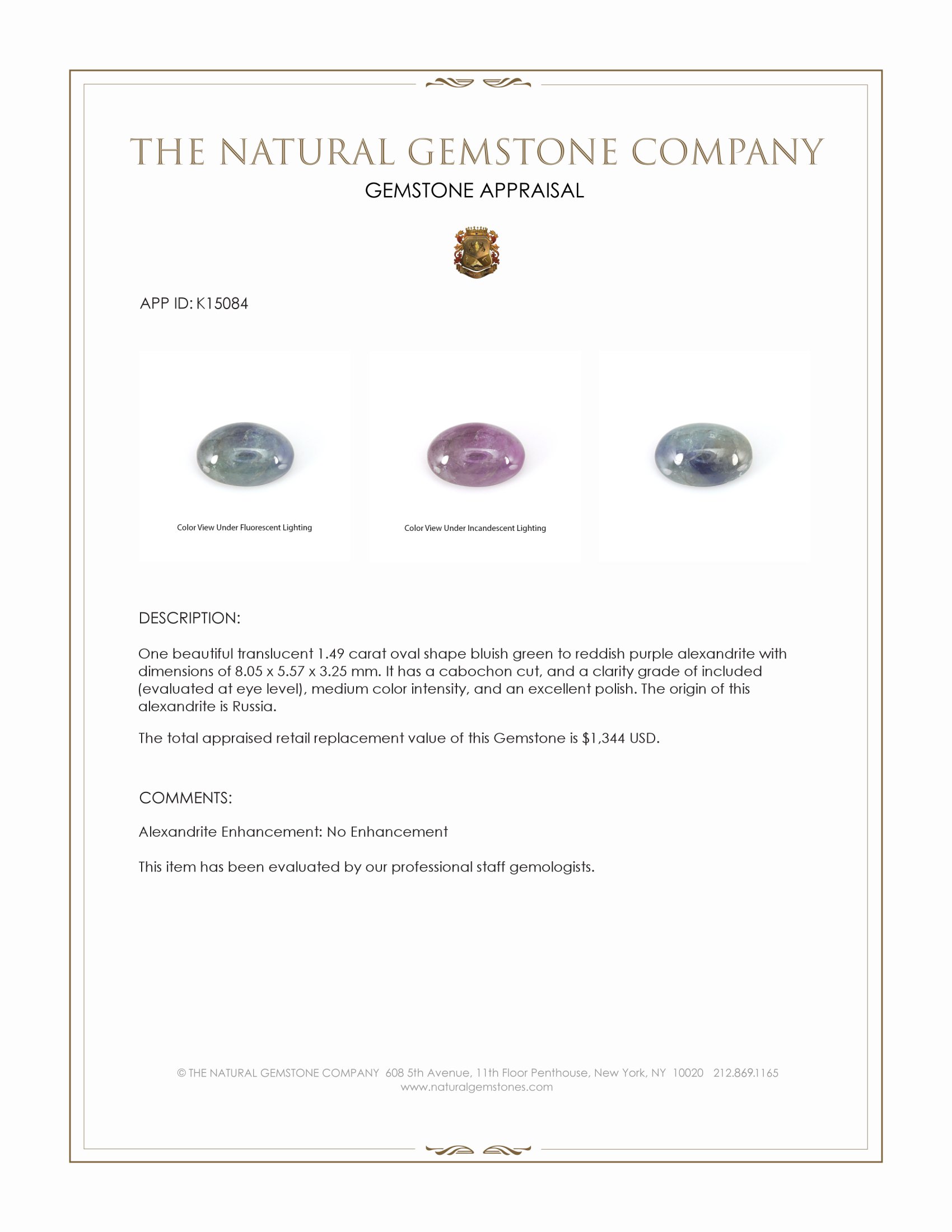 1.49 Ct. Cabochon Alexandrite from Russia