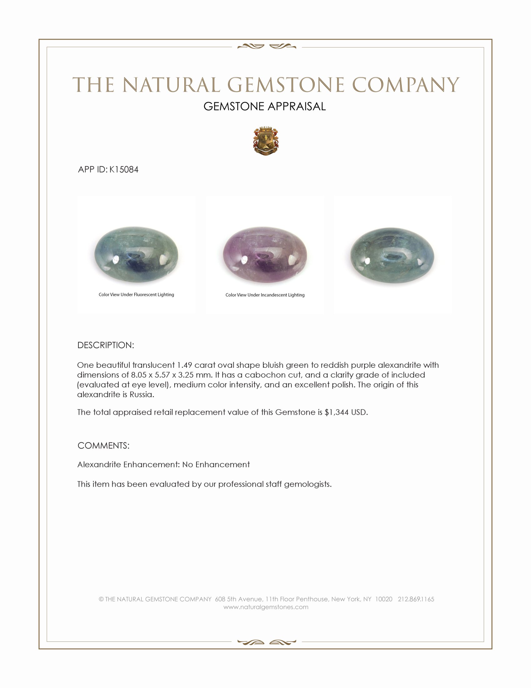1.49 Ct. Cabochon Alexandrite from Russia