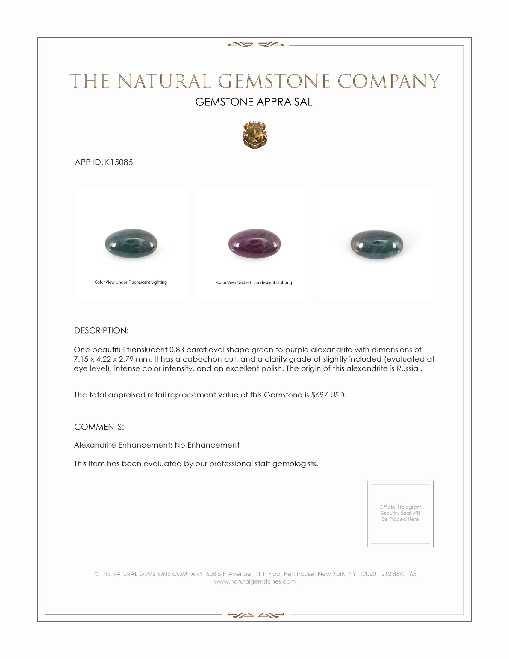 0.83 Ct. Cabochon Alexandrite from Russia