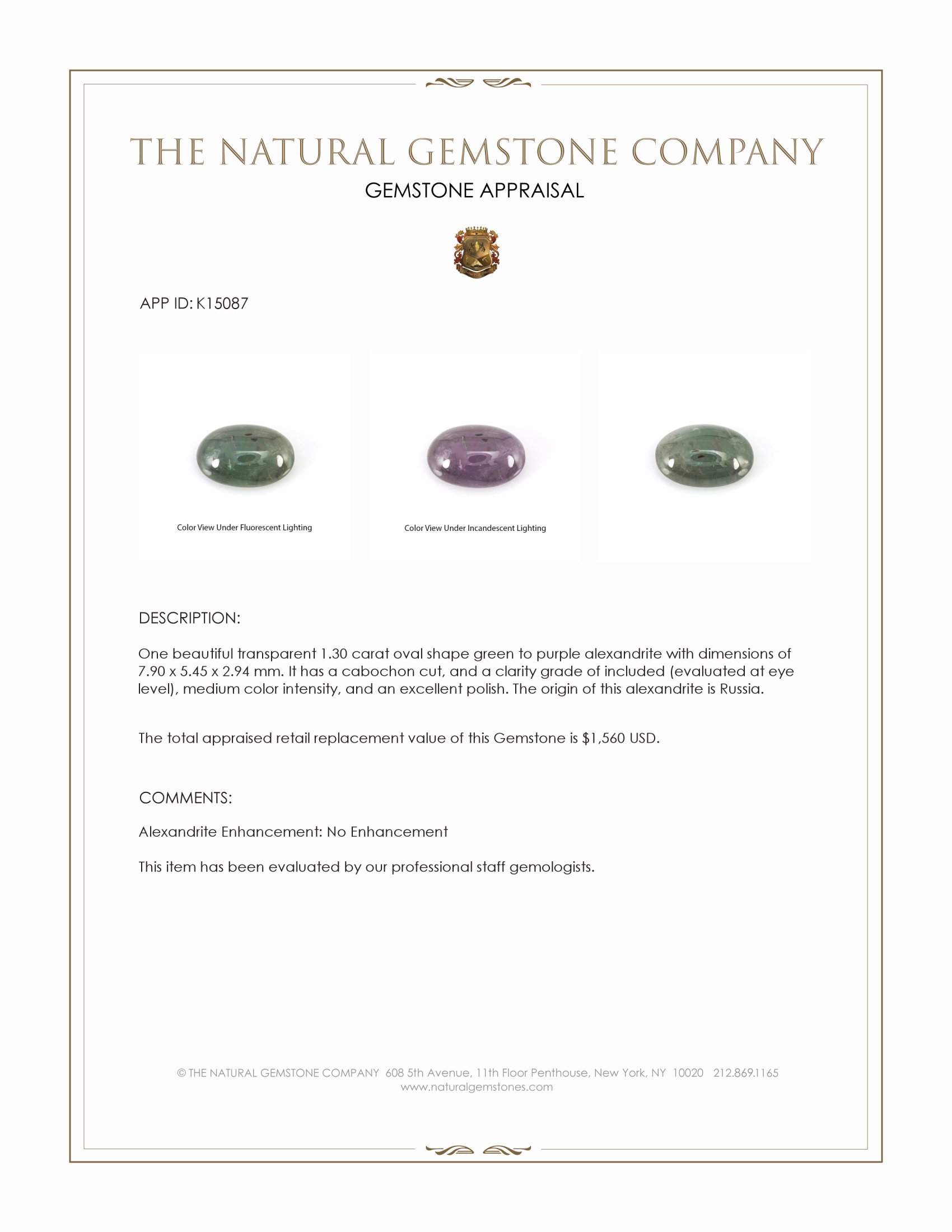 1.30 Ct. Cabochon Alexandrite from Russia