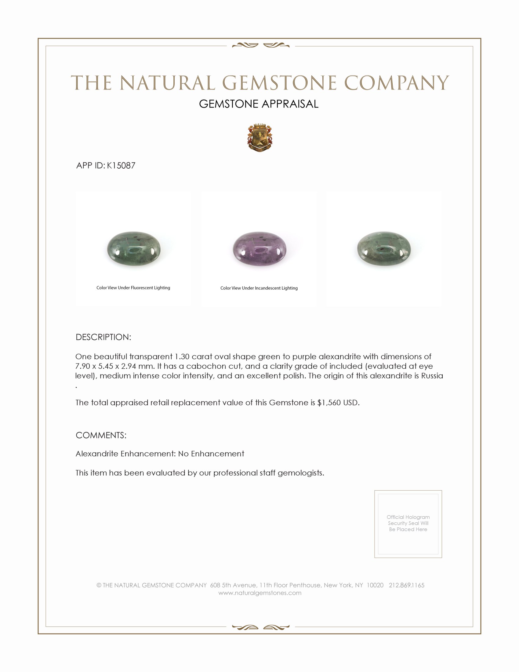 1.30 Ct. Cabochon Alexandrite from Russia