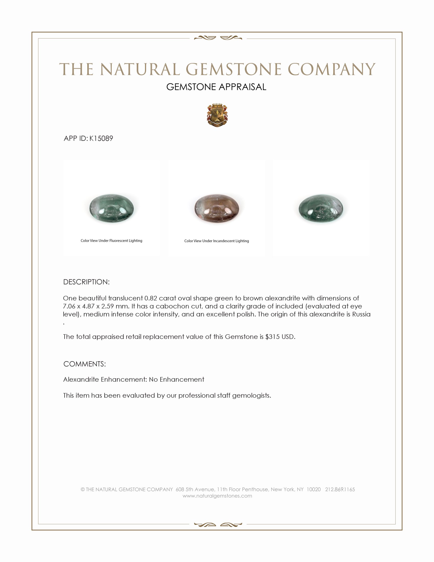 0.82 Ct. Cabochon Alexandrite from Russia