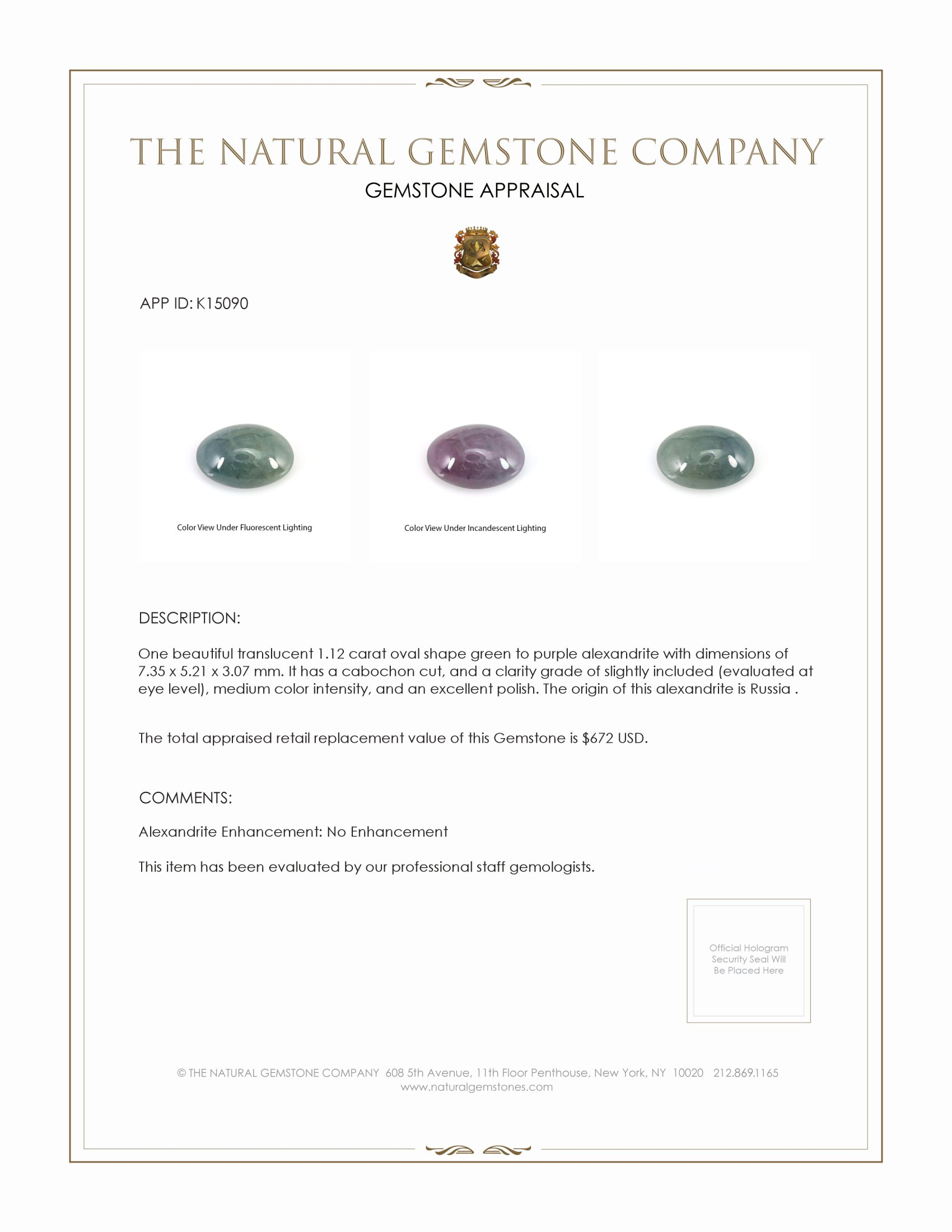 1.12 Ct. Cabochon Alexandrite from Russia