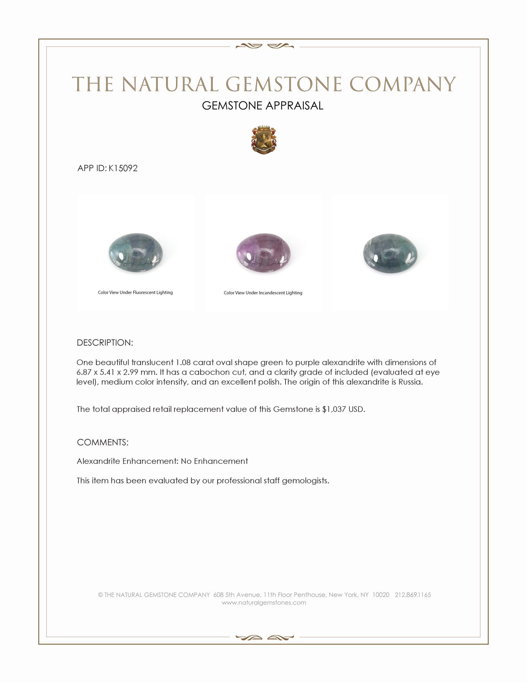 1.08 Ct. Cabochon Alexandrite from Russia