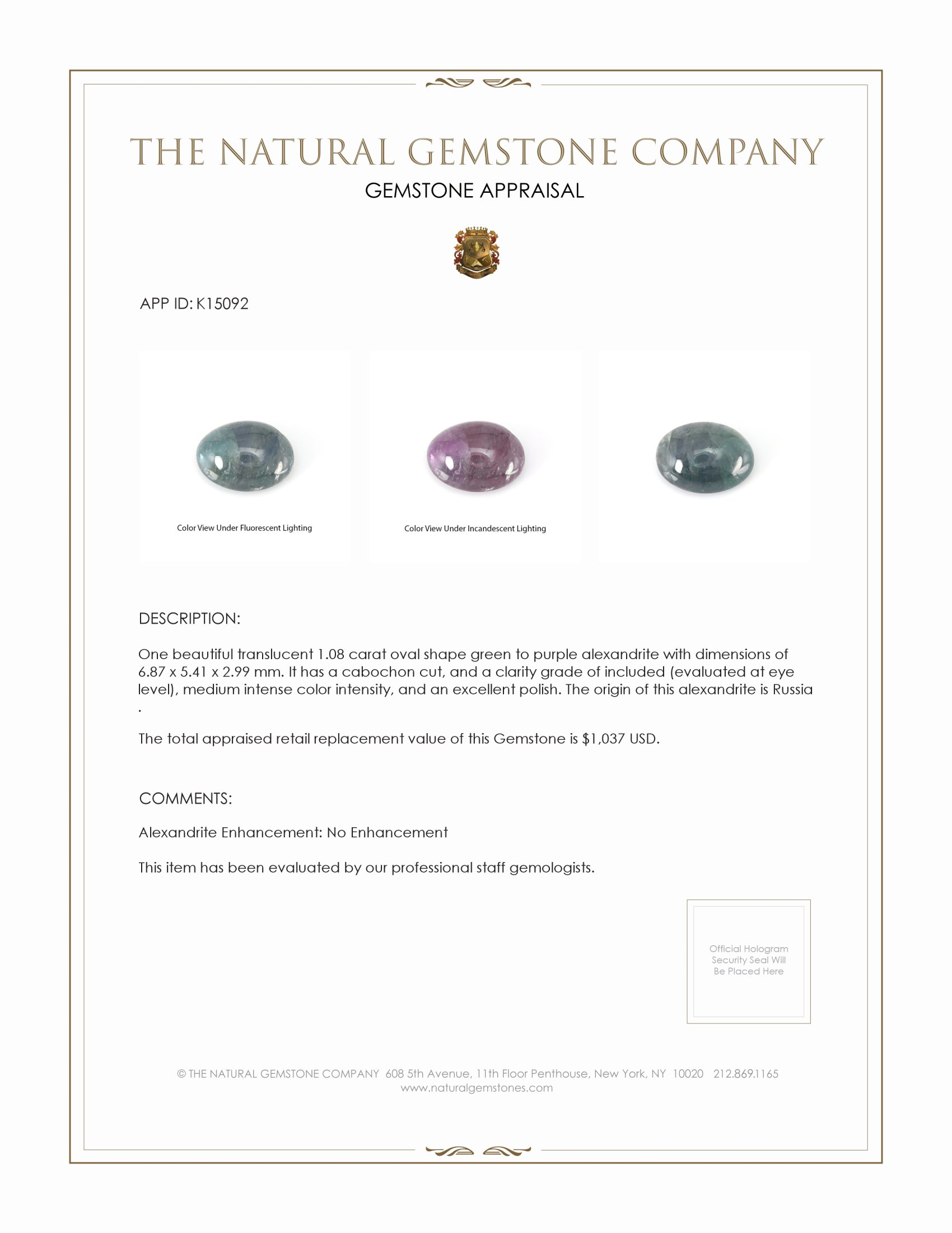 1.08 Ct. Cabochon Alexandrite from Russia