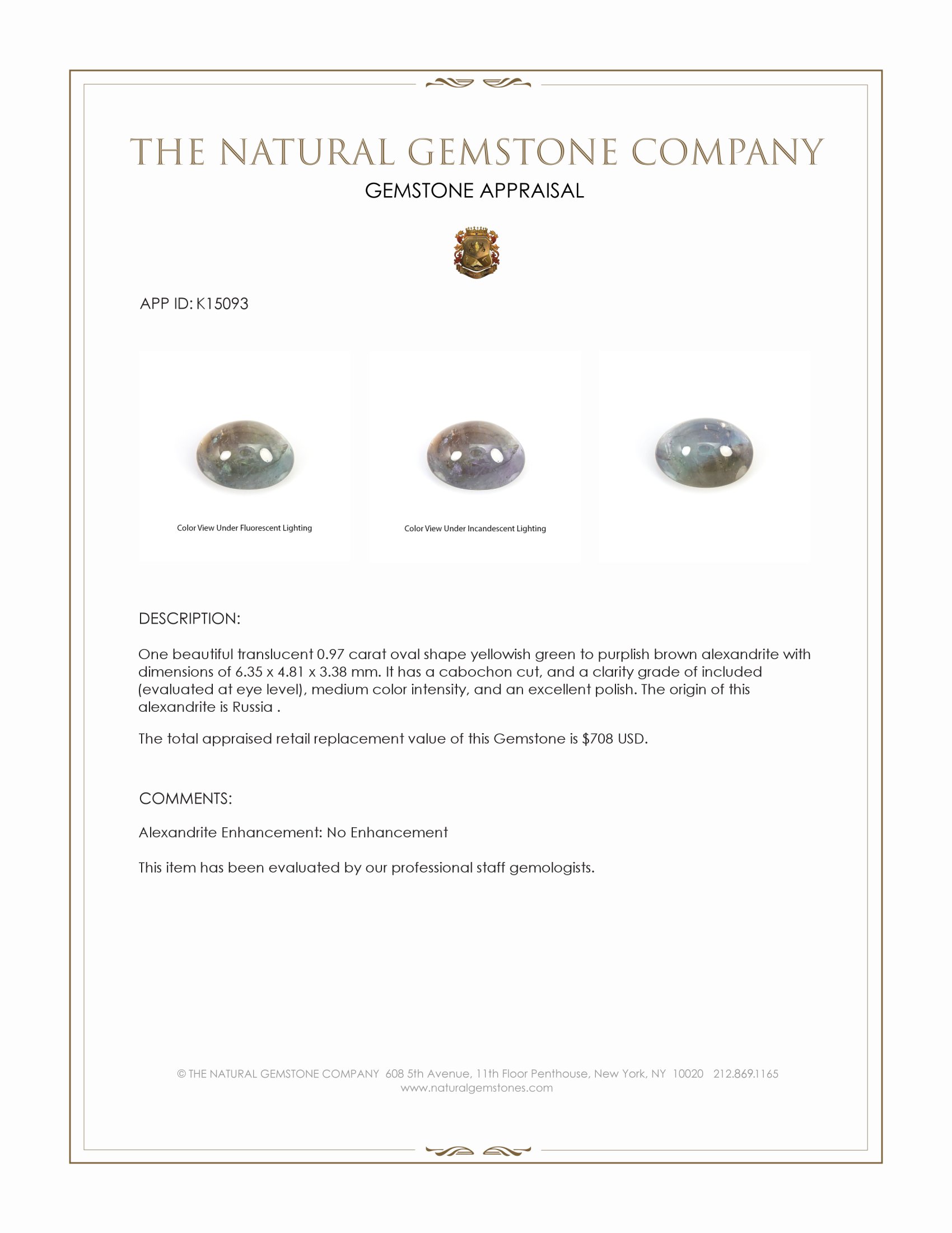 0.97 Ct. Cabochon Alexandrite from Russia