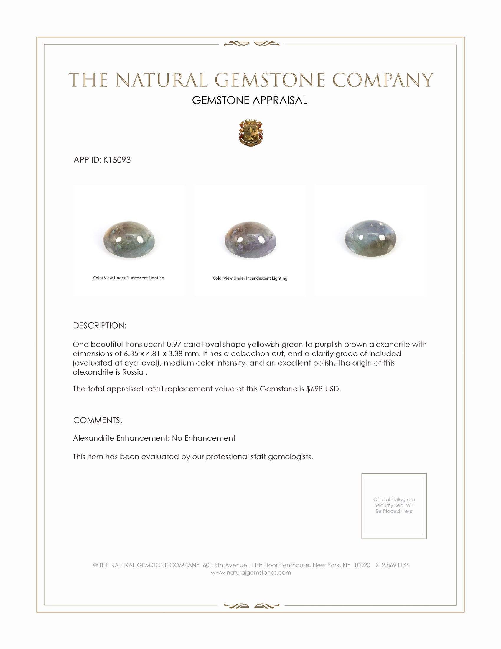 0.97 Ct. Cabochon Alexandrite from Russia