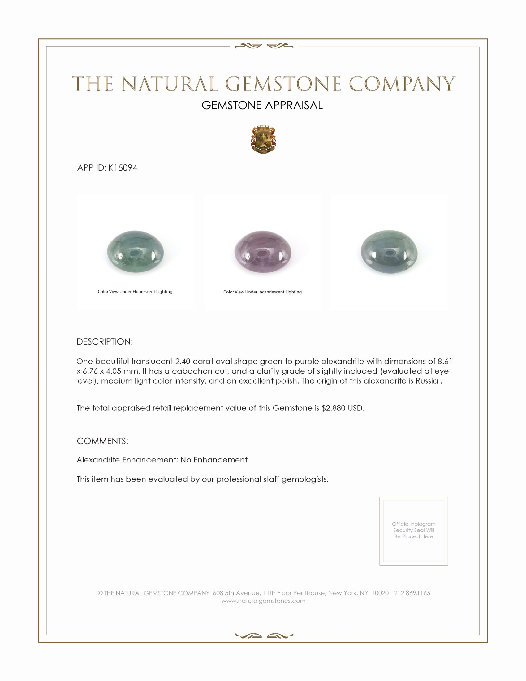 2.40 Ct. Cabochon Alexandrite from Russia