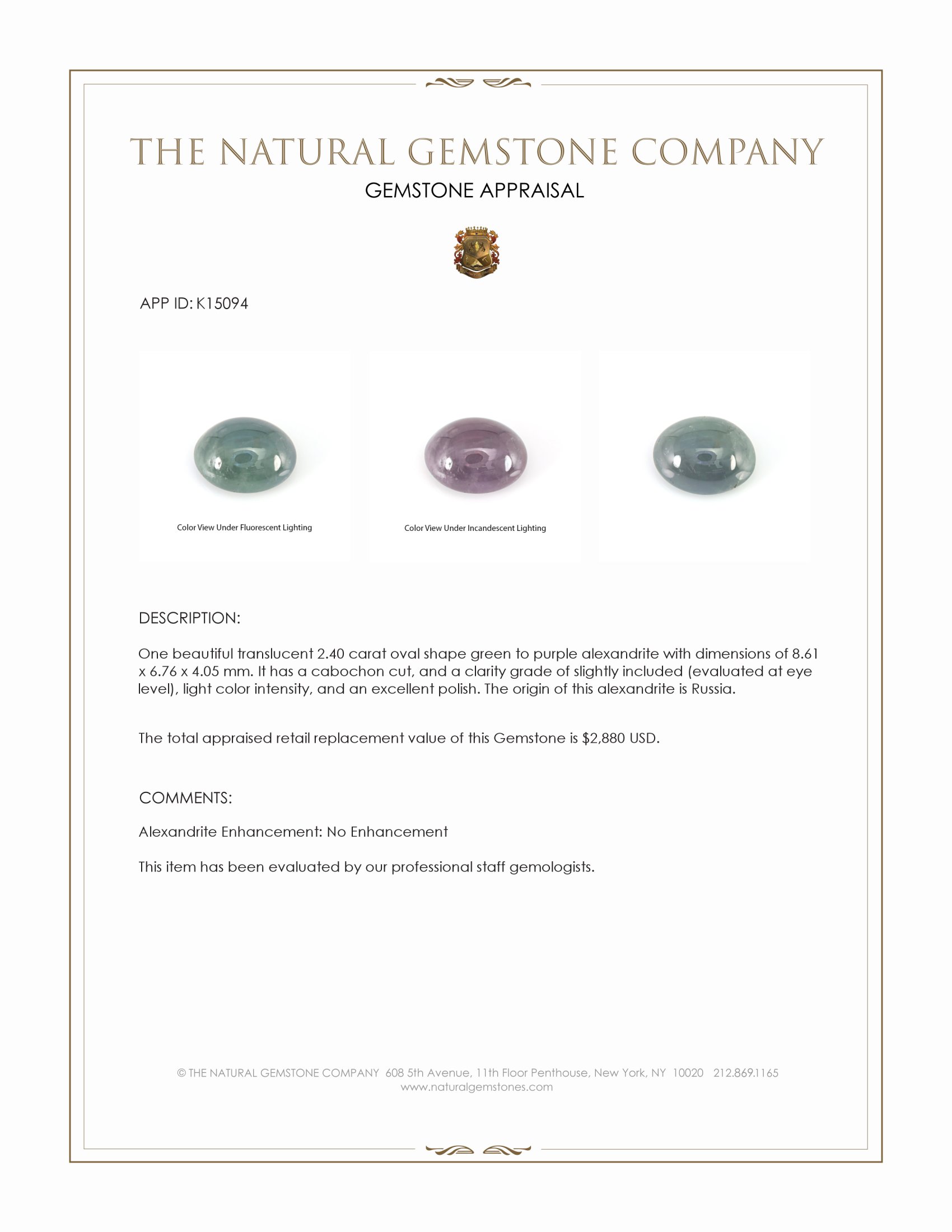 2.40 Ct. Cabochon Alexandrite from Russia