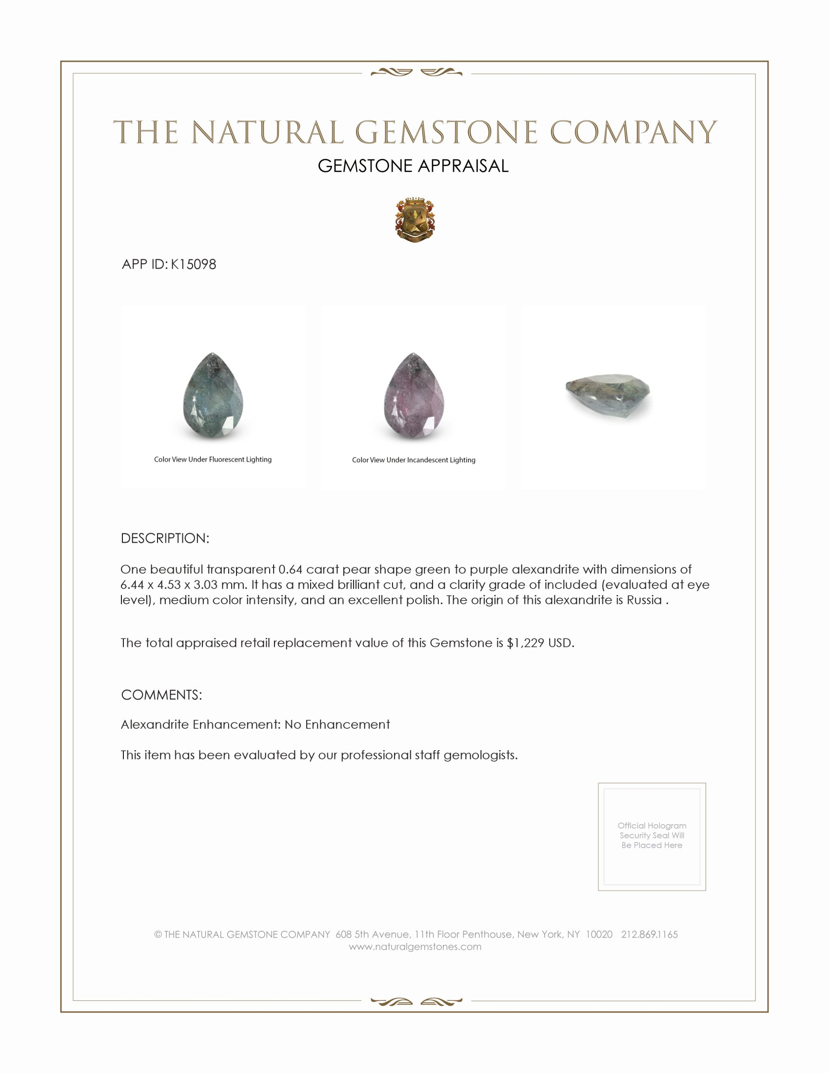 0.64 Ct. Alexandrite from Russia