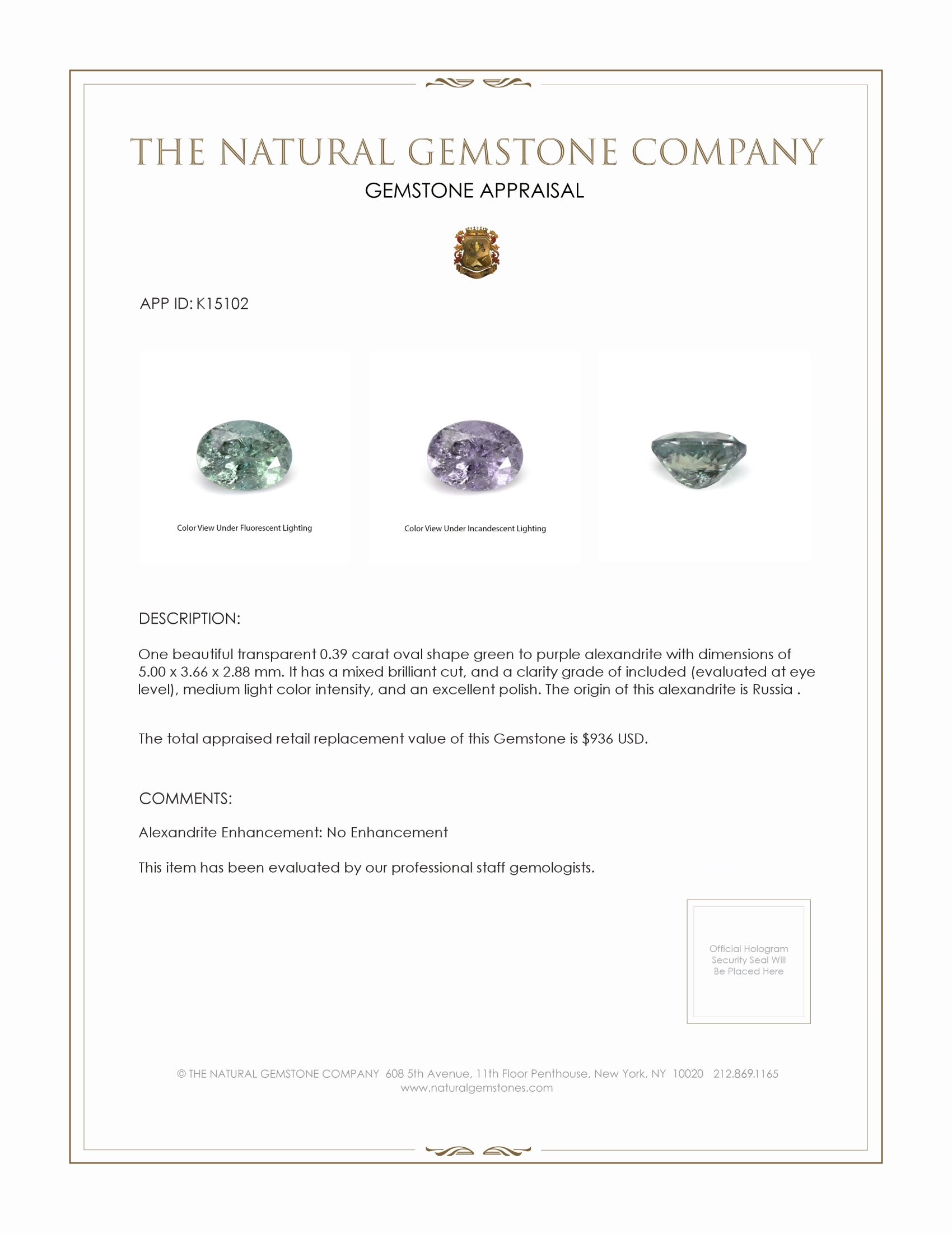 0.39 Ct. Alexandrite from Russia