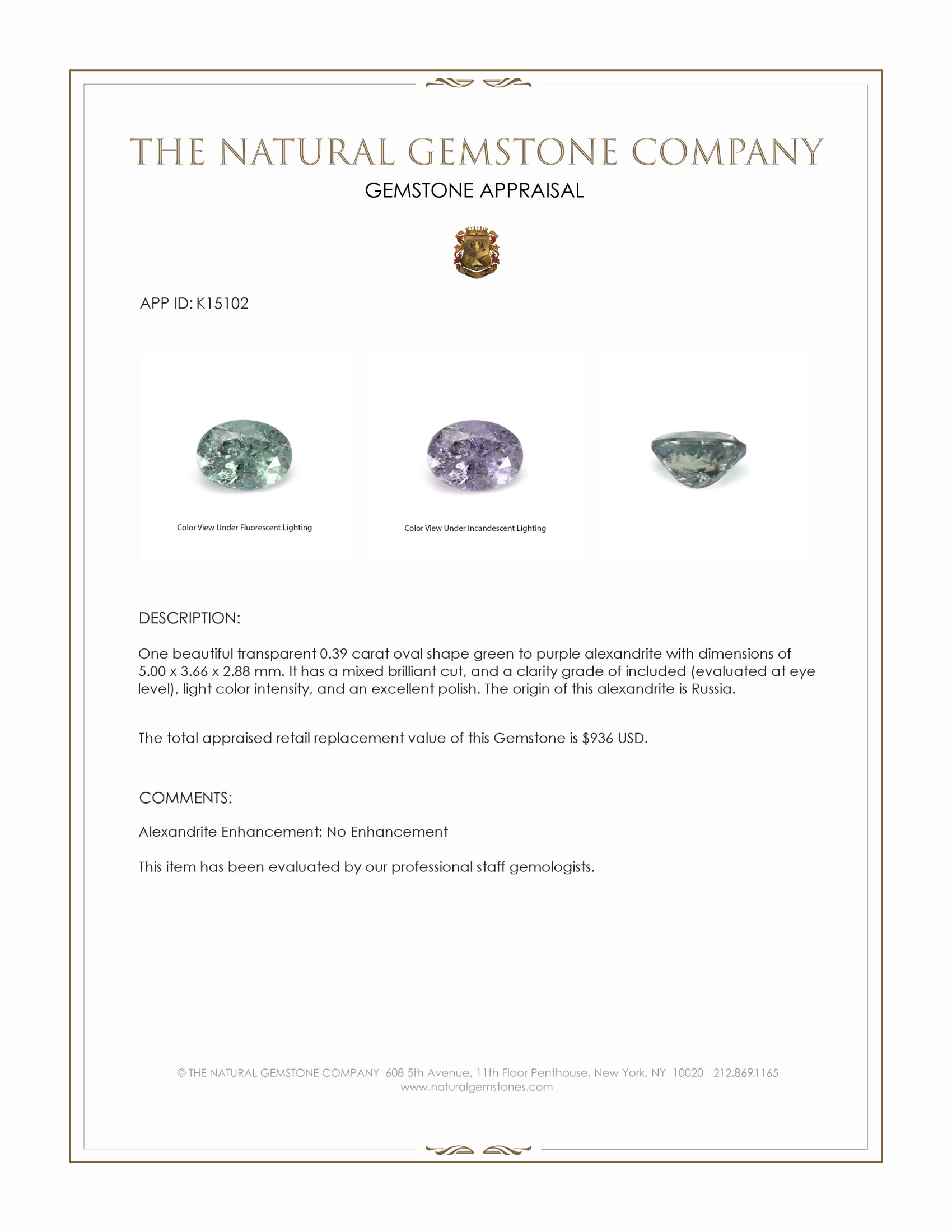 0.39 Ct. Alexandrite from Russia