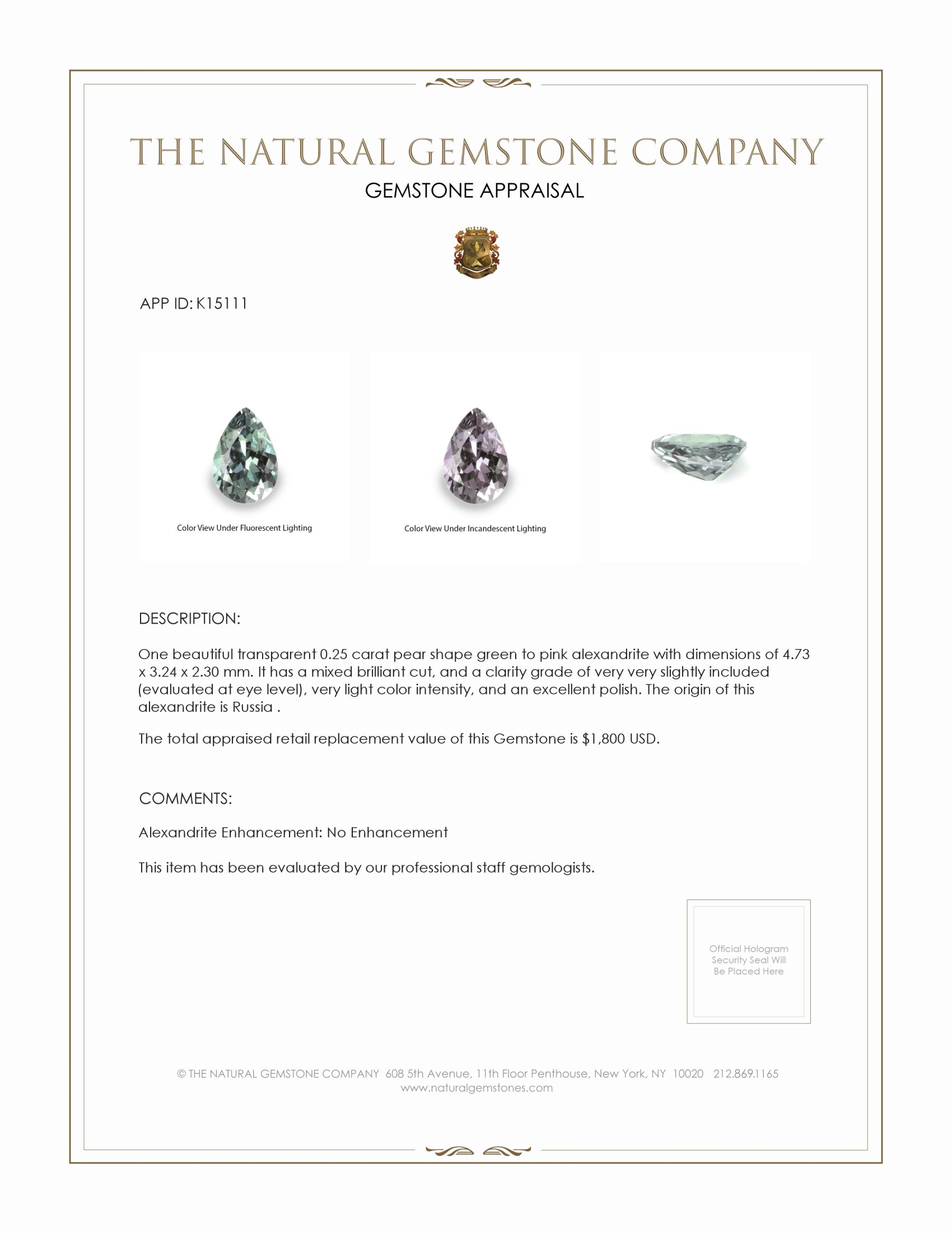 0.25 Ct. Alexandrite from Russia