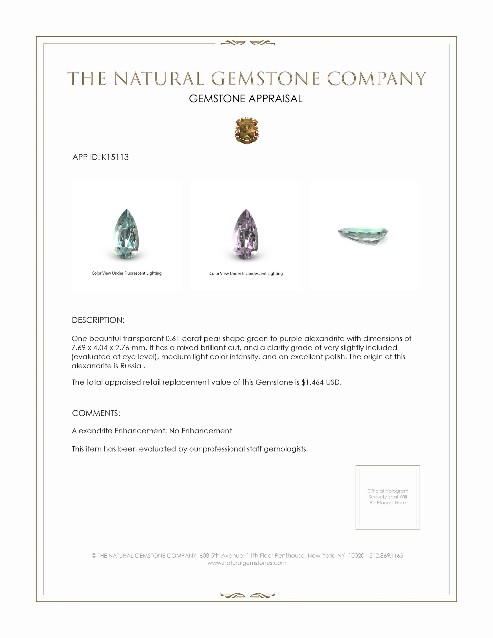 0.61 Ct. Alexandrite from Russia