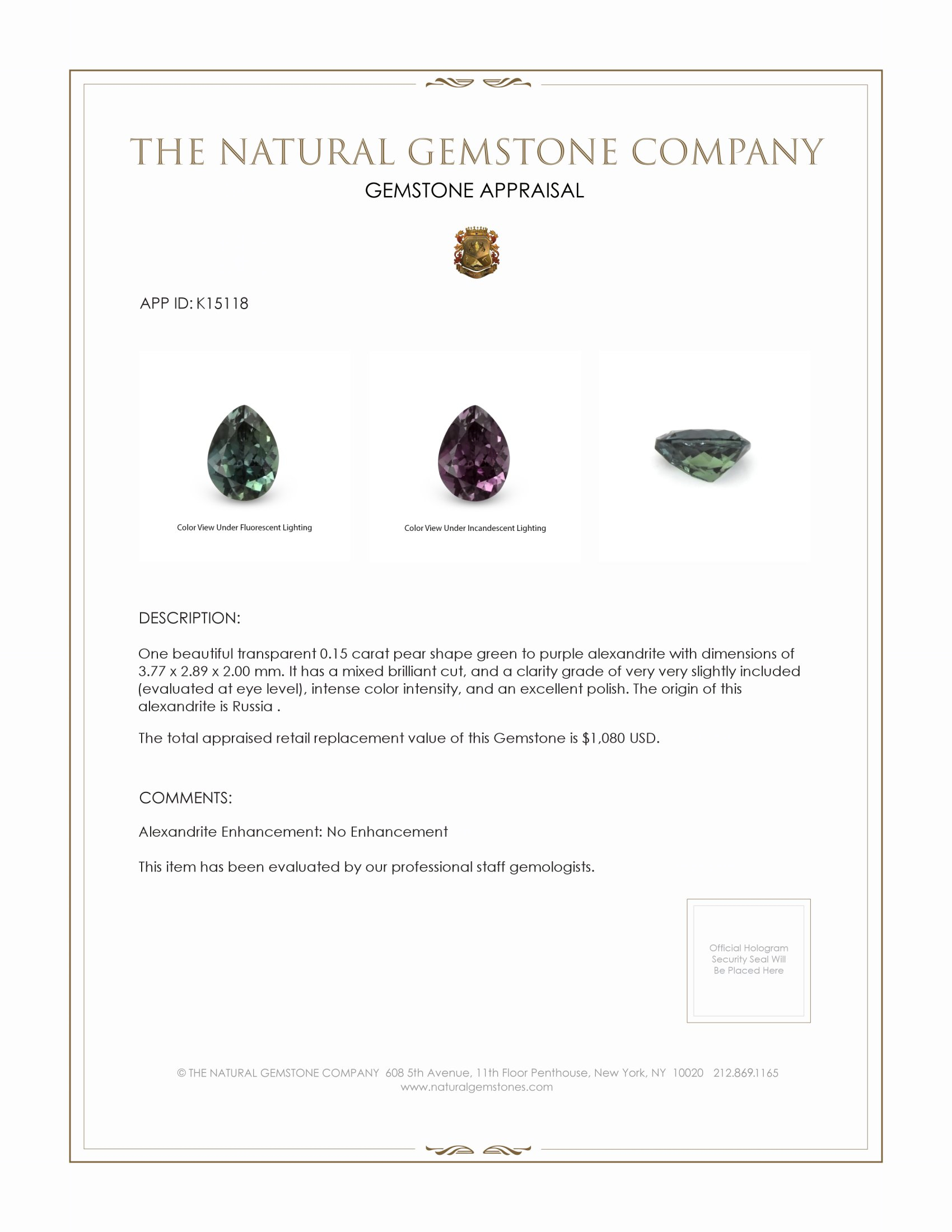 0.15 Ct. Alexandrite from Russia