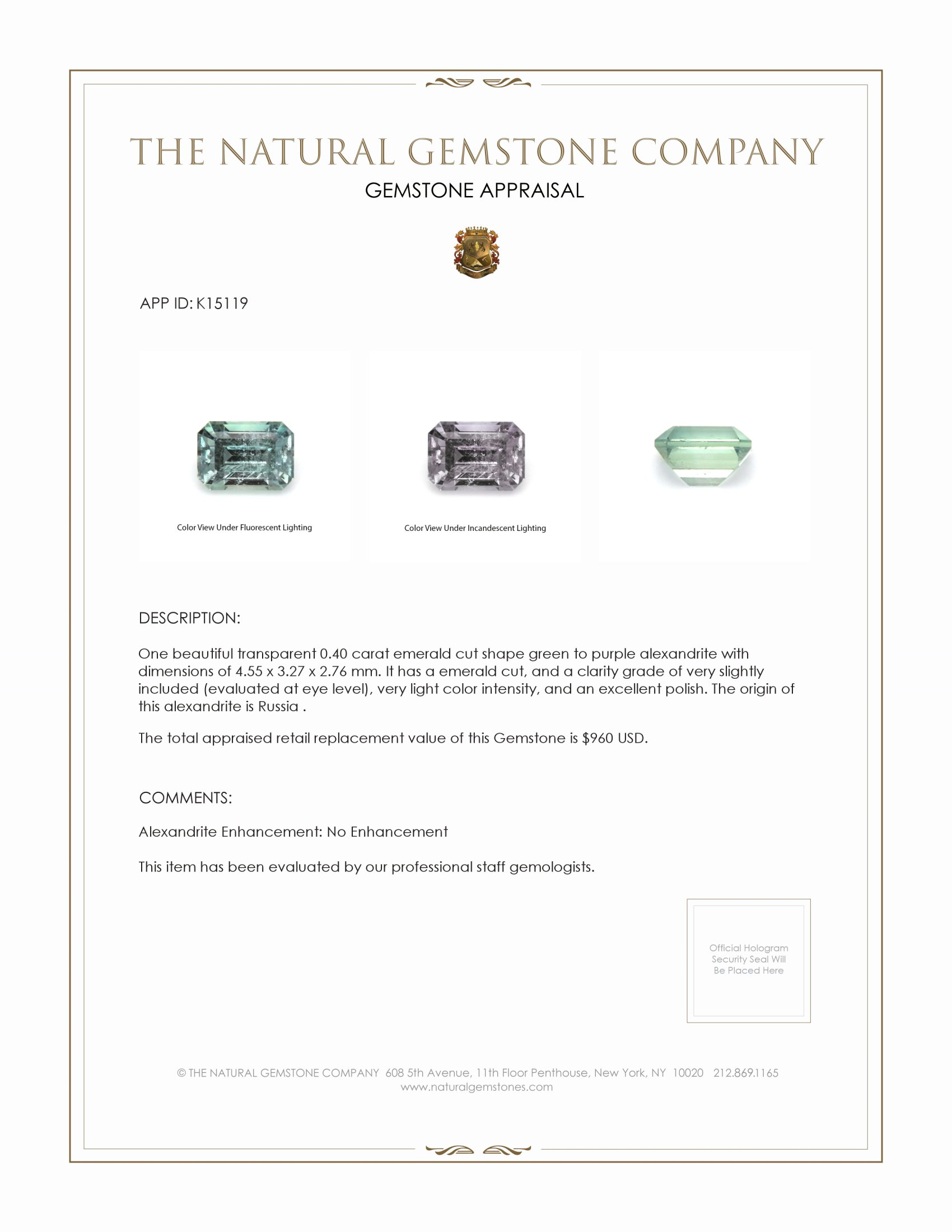 0.40 Ct. Alexandrite from Russia