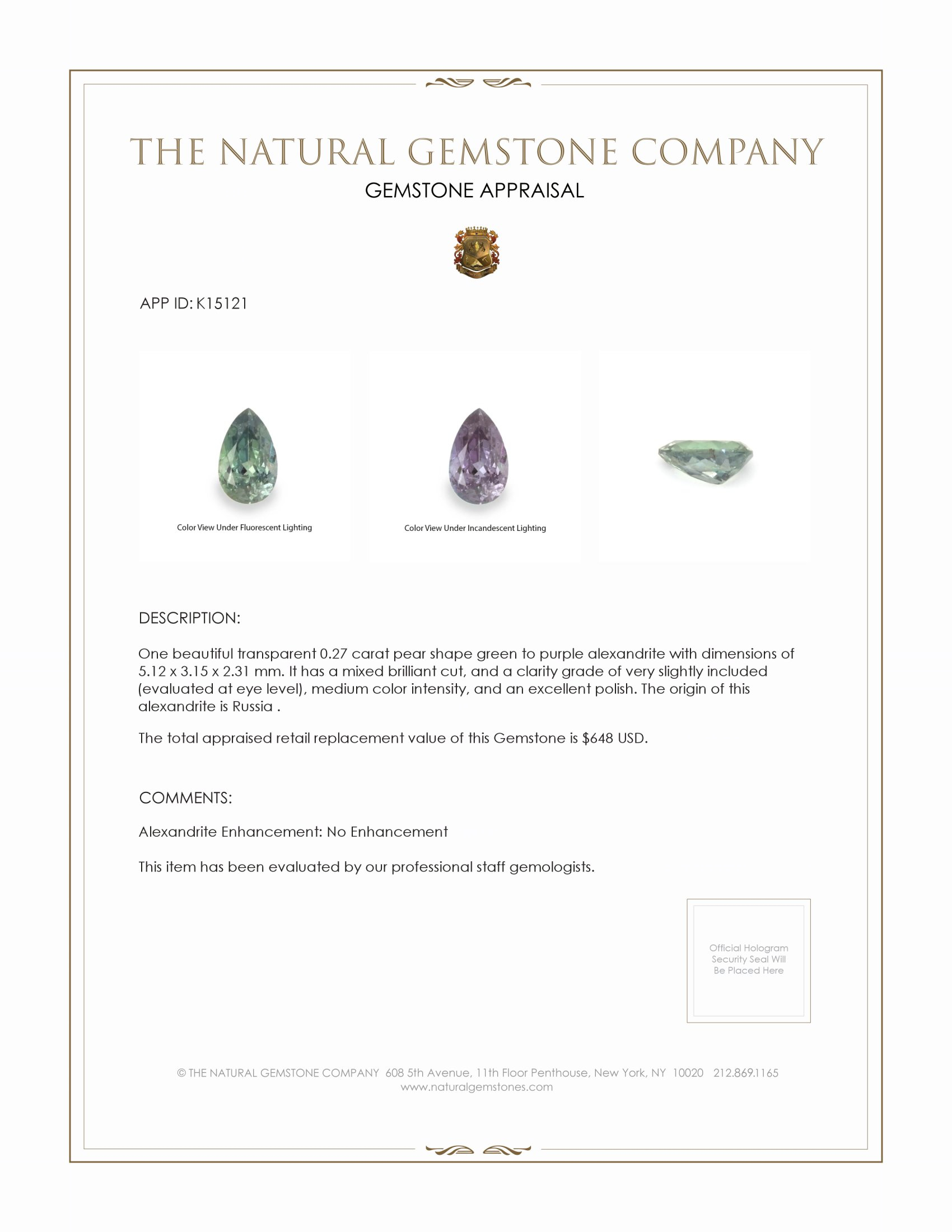 0.27 Ct. Alexandrite from Russia