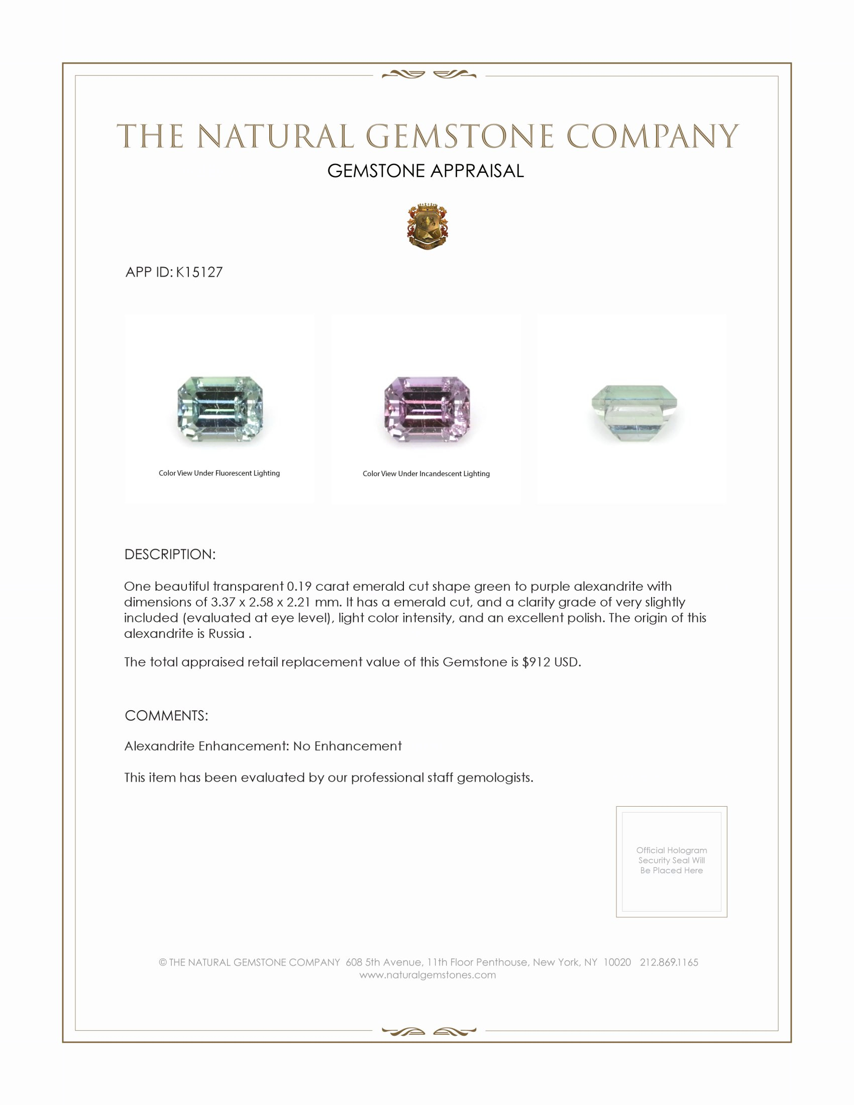 0.19 Ct. Alexandrite from Russia