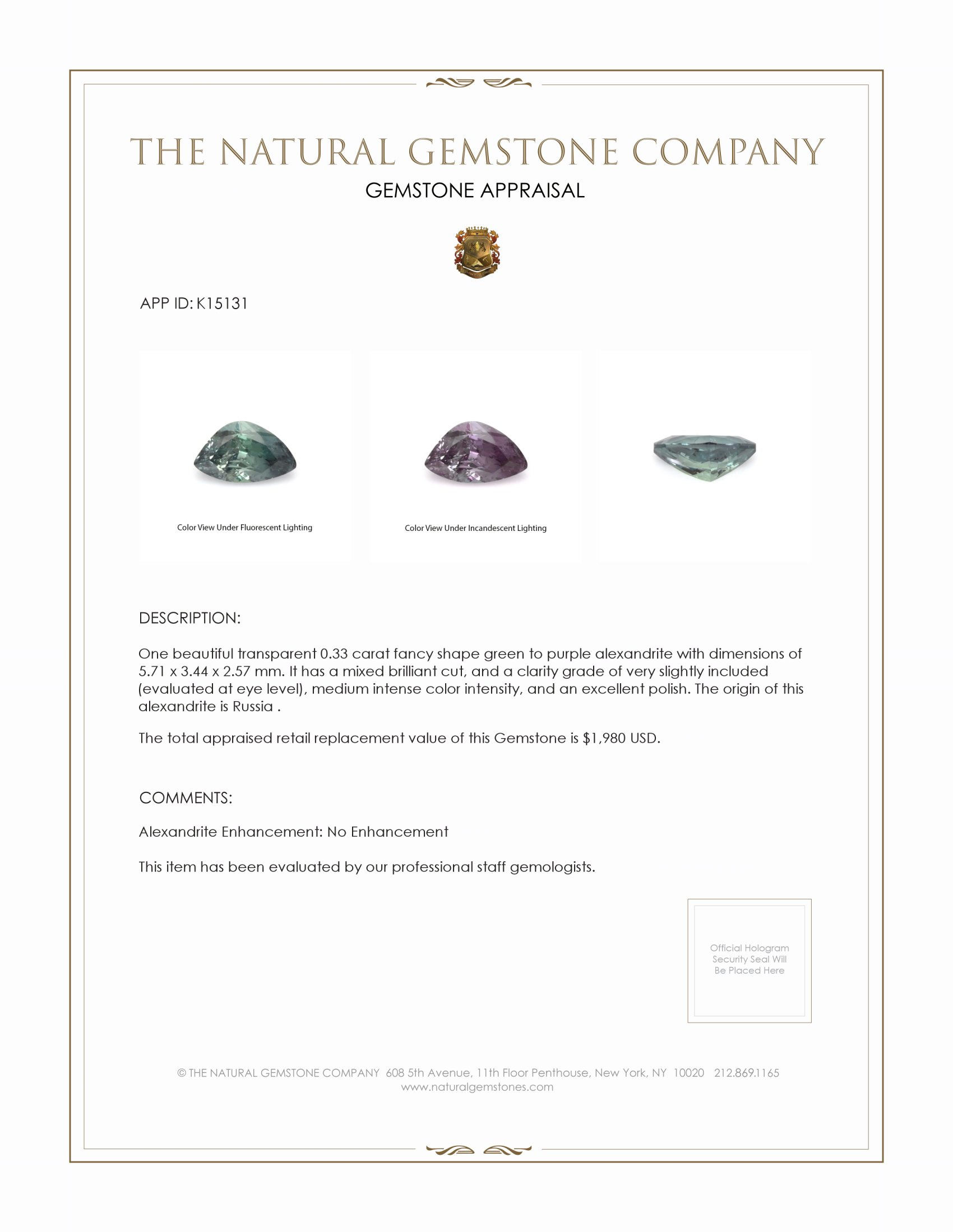 0.33 Ct. Alexandrite from Russia