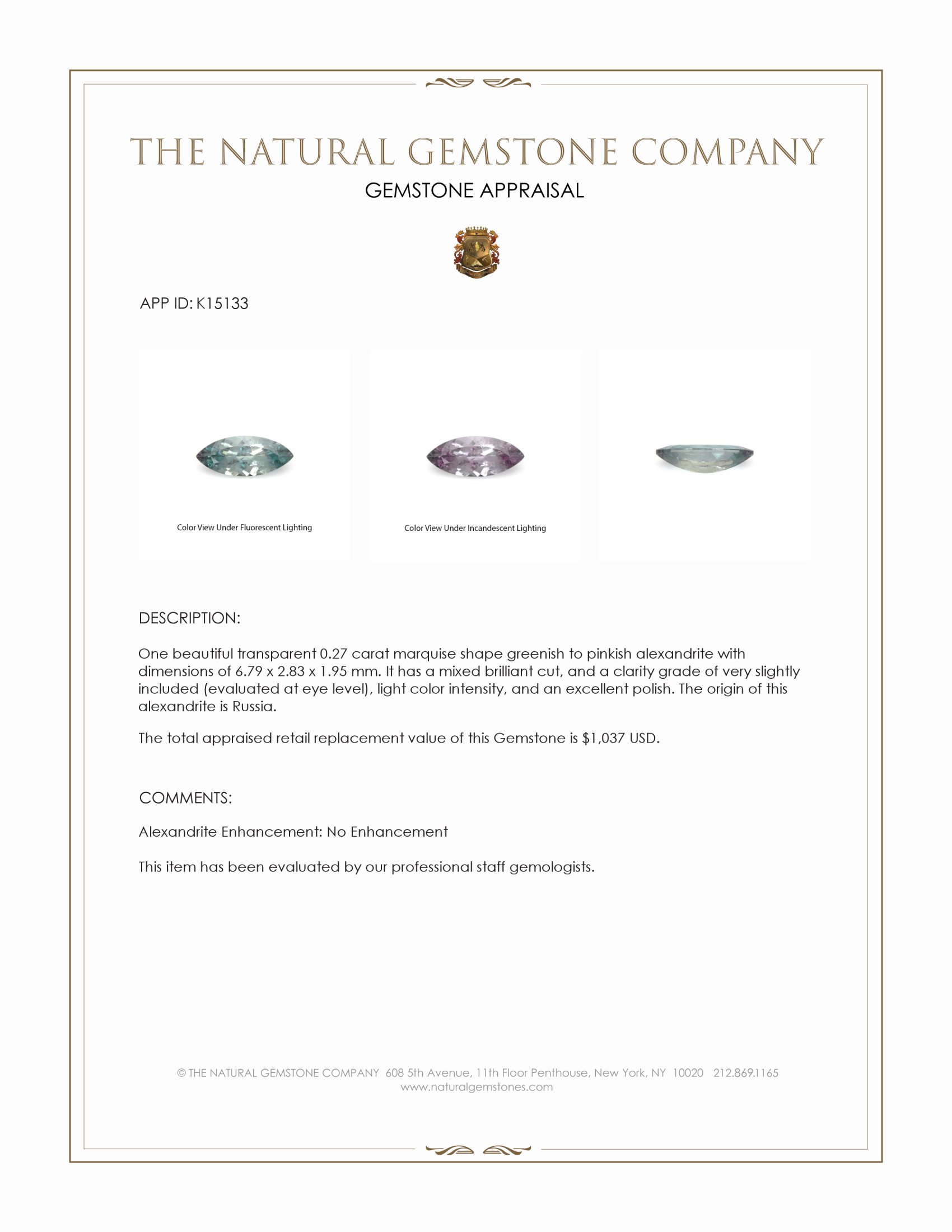 0.27 Ct. Alexandrite from Russia