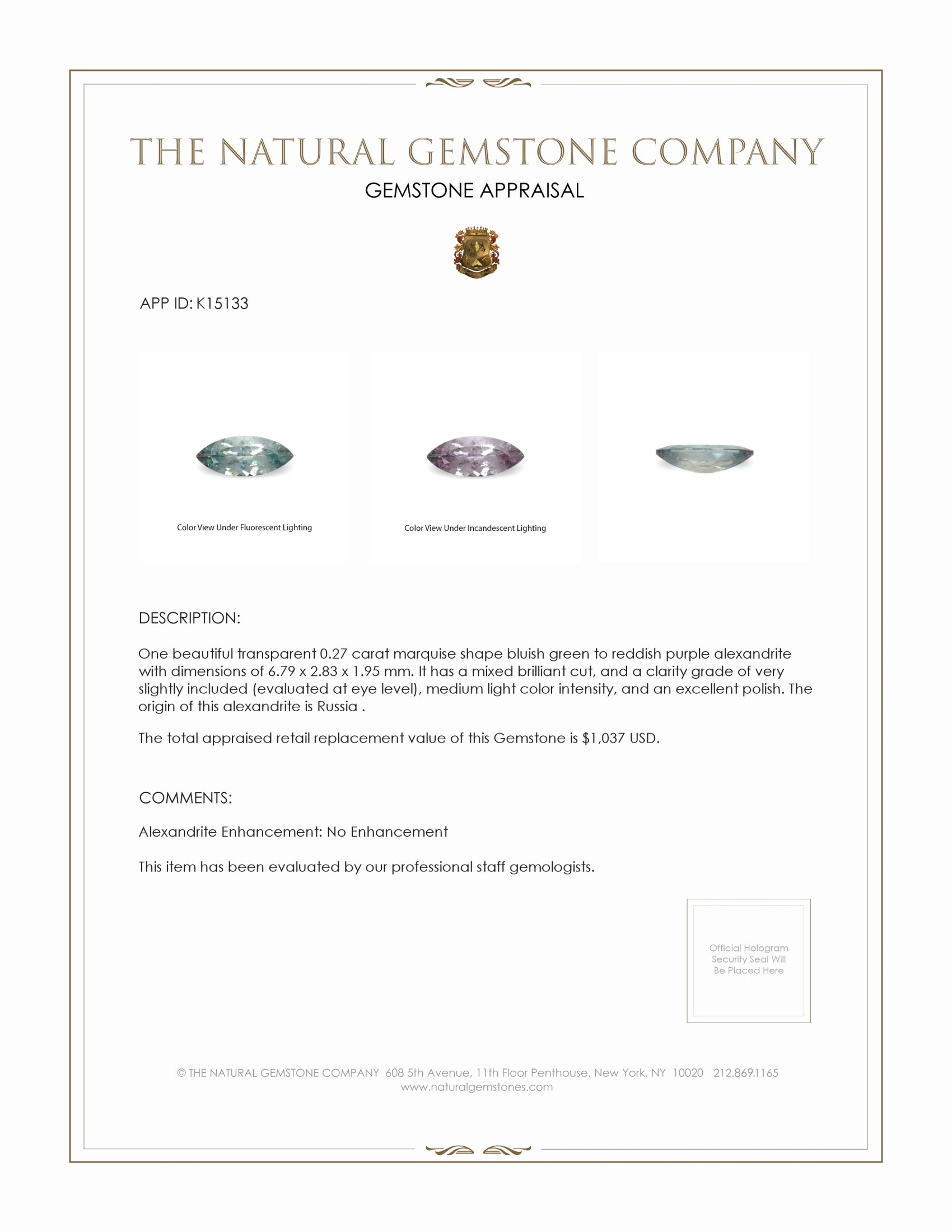 0.27 Ct. Alexandrite from Russia