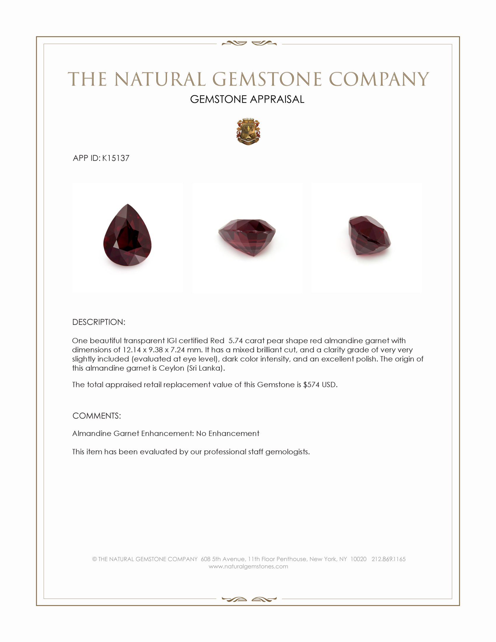 5.74 Ct. Red Almandine Garnet from Ceylon (Sri Lanka)