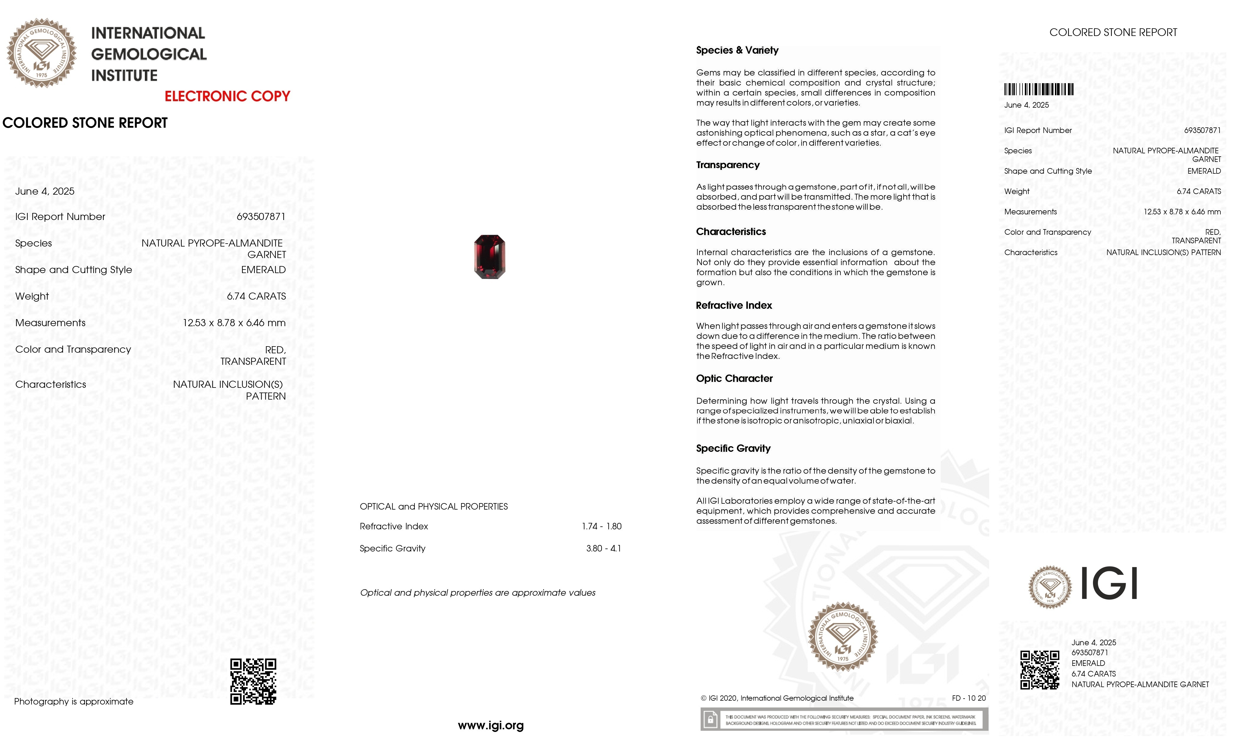 6.74 Ct. Red Almandine Garnet from Ceylon (Sri Lanka)