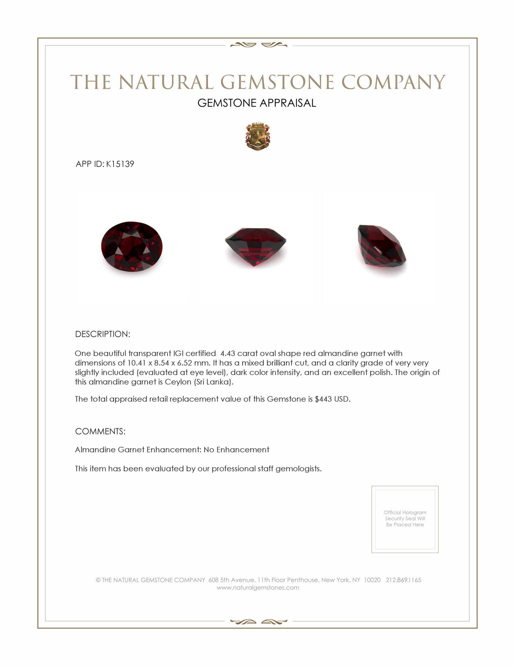 4.43 Ct. Almandine Garnet from Ceylon (Sri Lanka)