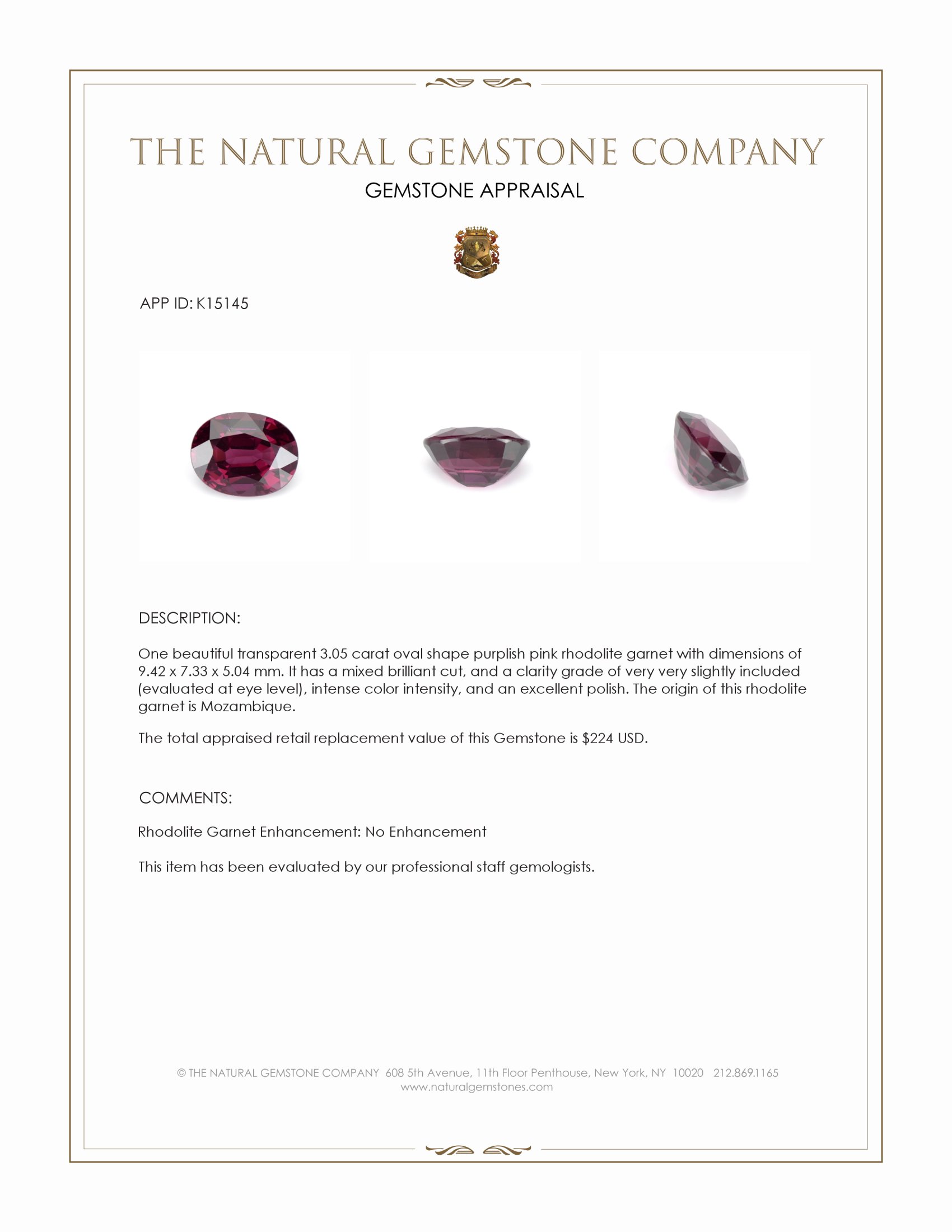3.05 Ct. Purplish Pink Rhodolite Garnet from Mozambique