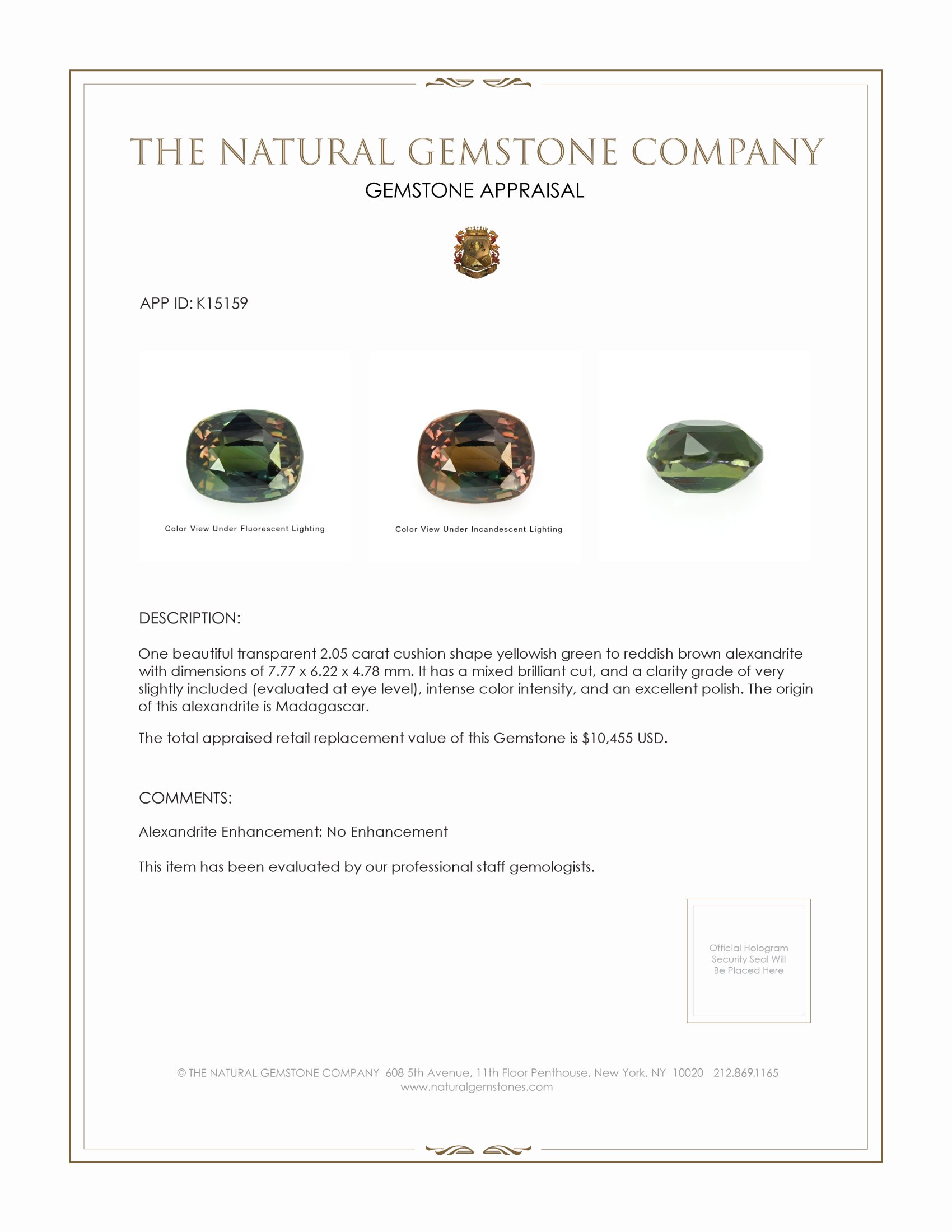 2.05 Ct. Alexandrite from Madagascar