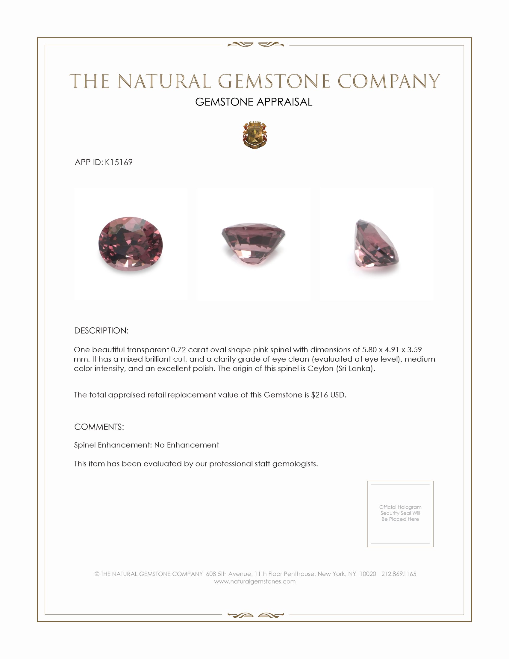 0.72 Ct. Pink Spinel from Ceylon (Sri Lanka)