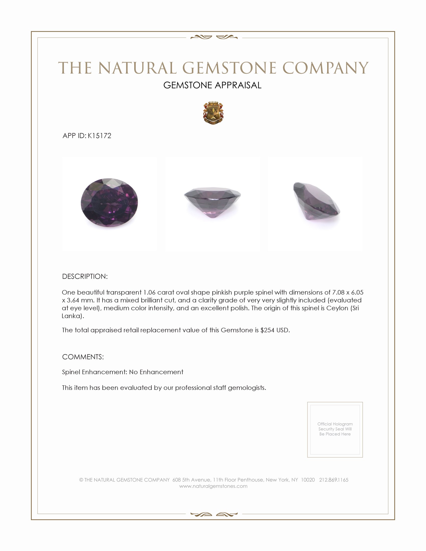 1.06 Ct. Pinkish Purple Spinel from Ceylon (Sri Lanka)