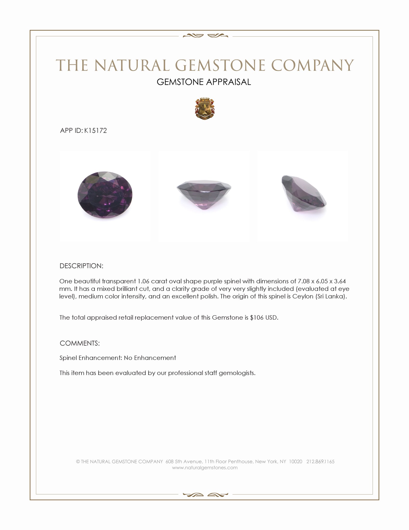 1.06 Ct. Purple Spinel from Ceylon (Sri Lanka)
