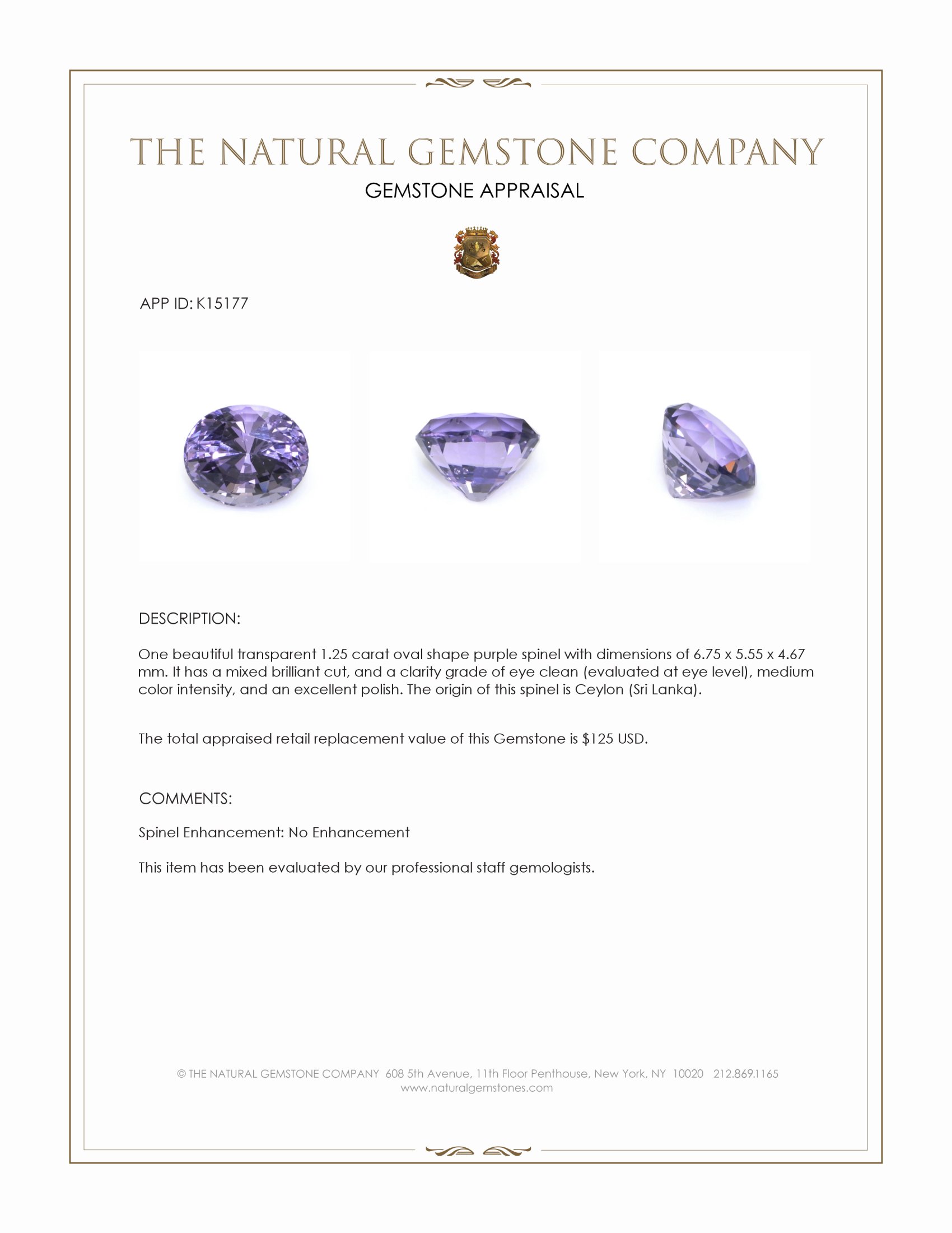 1.25 Ct. Purple Spinel from Ceylon (Sri Lanka)