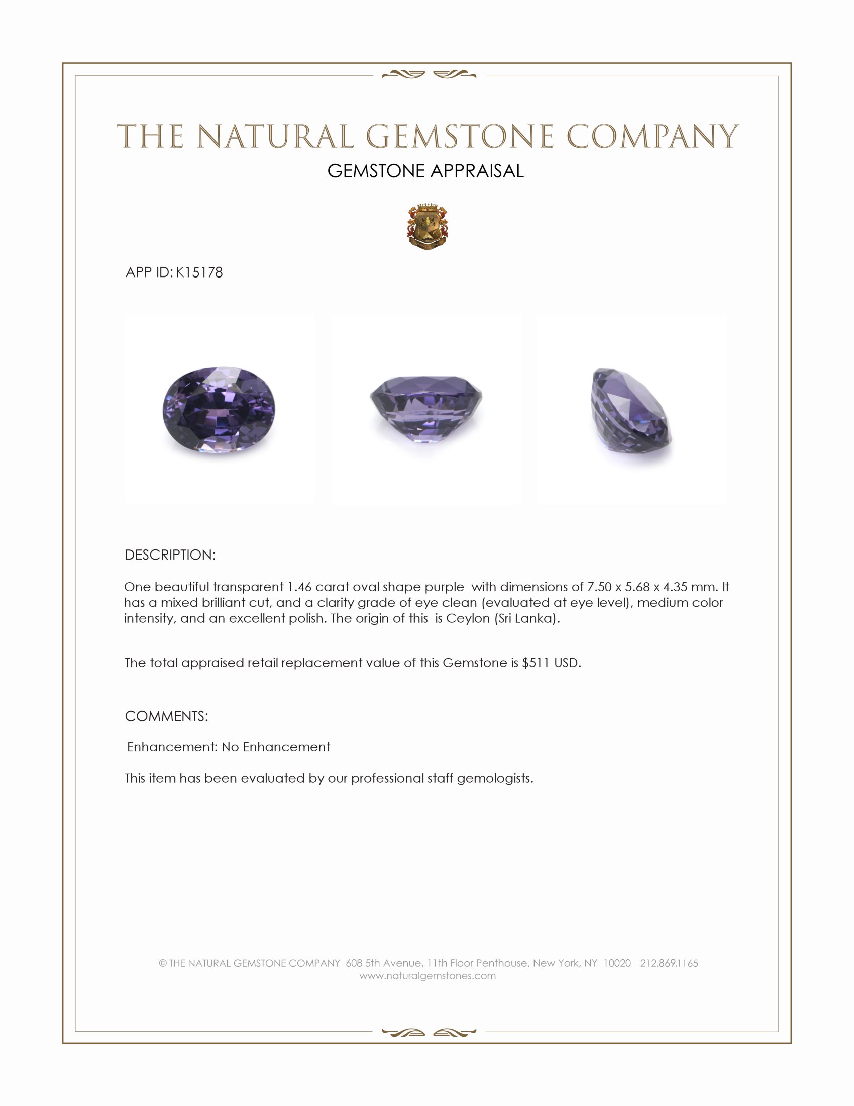 1.46 Ct. Purple Spinel from Ceylon (Sri Lanka)